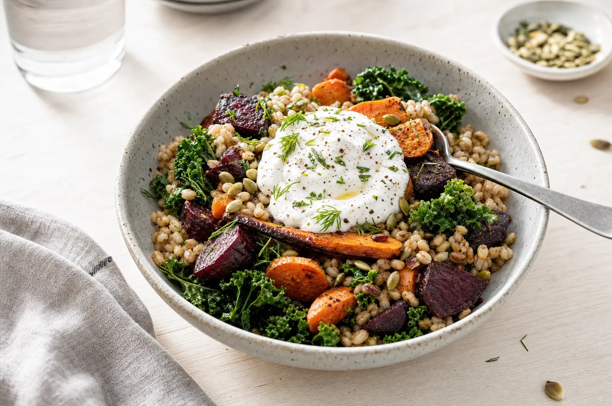 A barley bowl with roasted beets and carrots, kale, pumpkin seeds, and a spoon of herbed skyr