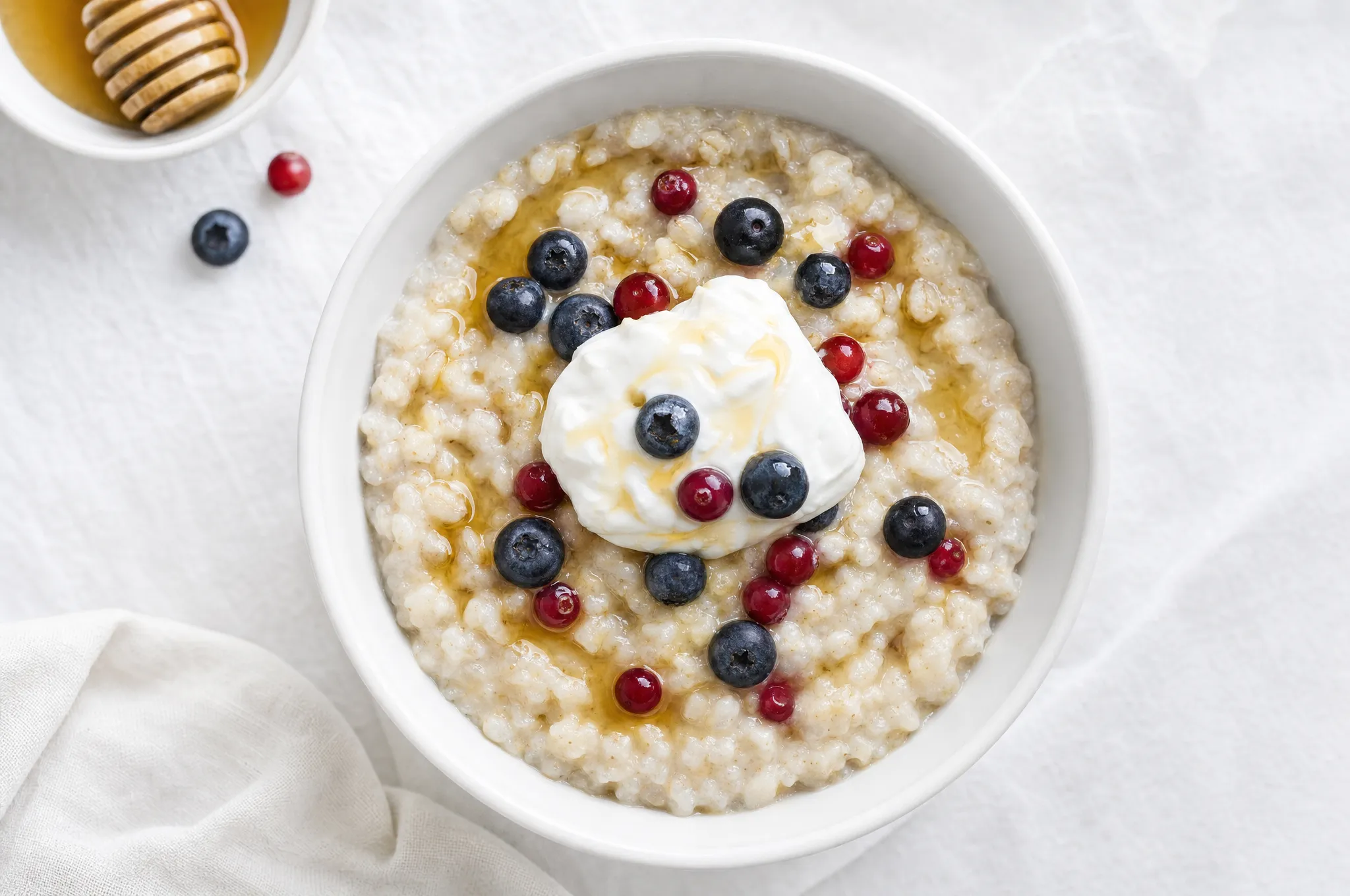 White bowl of creamy barley porridge topped with blueberries, lingonberries, honey, and a spoonful of skyr