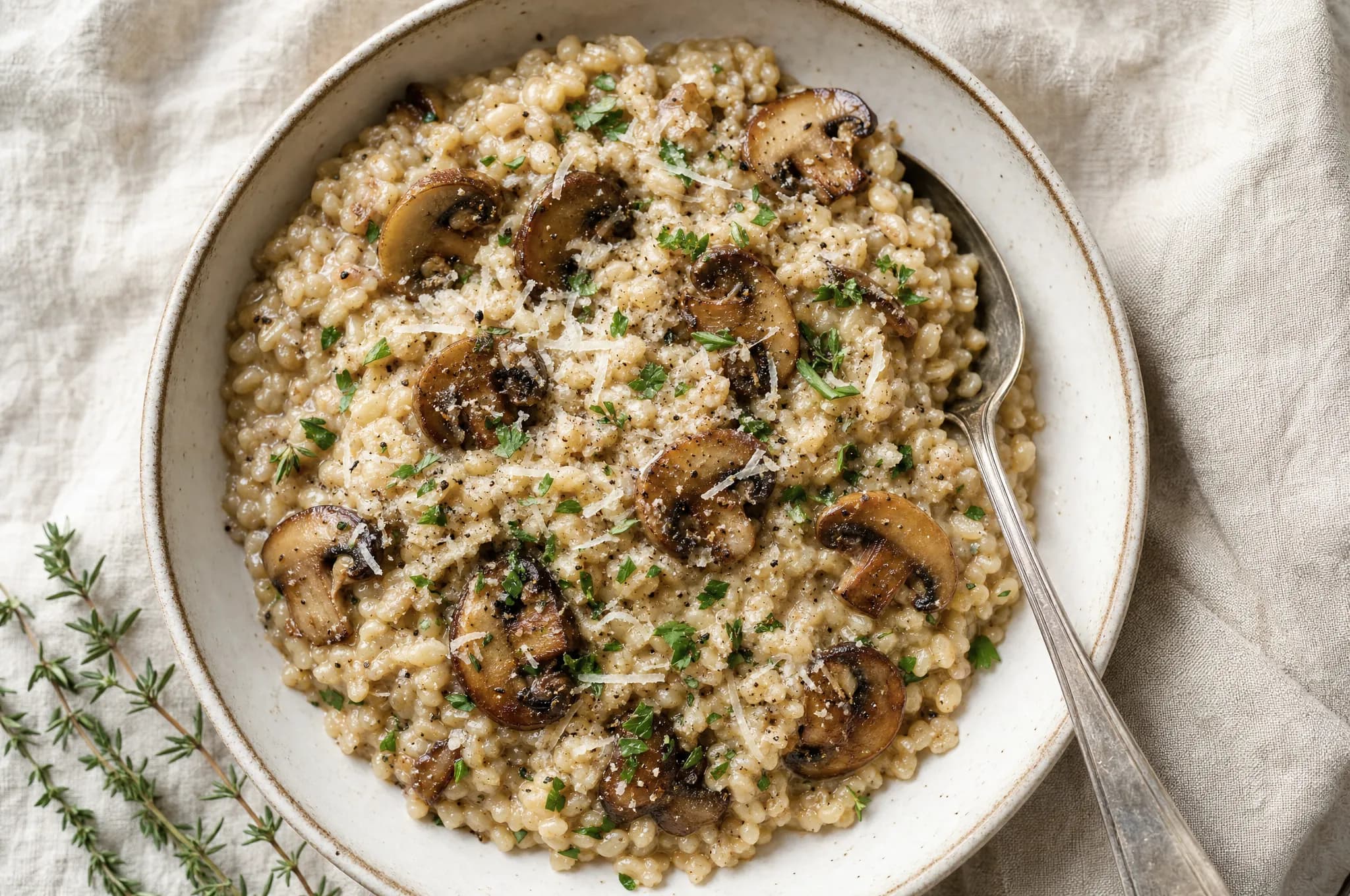 A bowl of creamy barley risotto studded with browned mushrooms and thyme, dusted with grated cheese and parsley