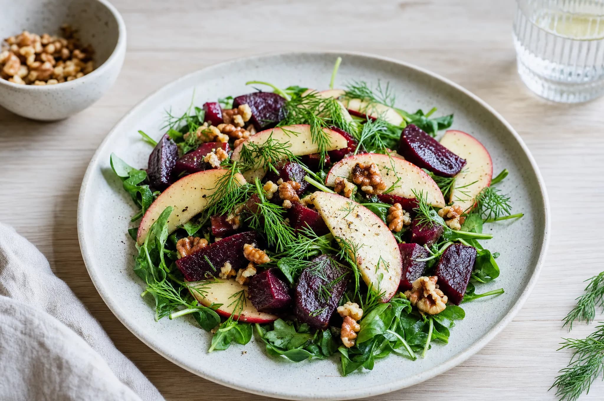 Beet and apple salad with roasted red beets, apple slices, toasted walnuts, and dill over greens on a pale stoneware plate