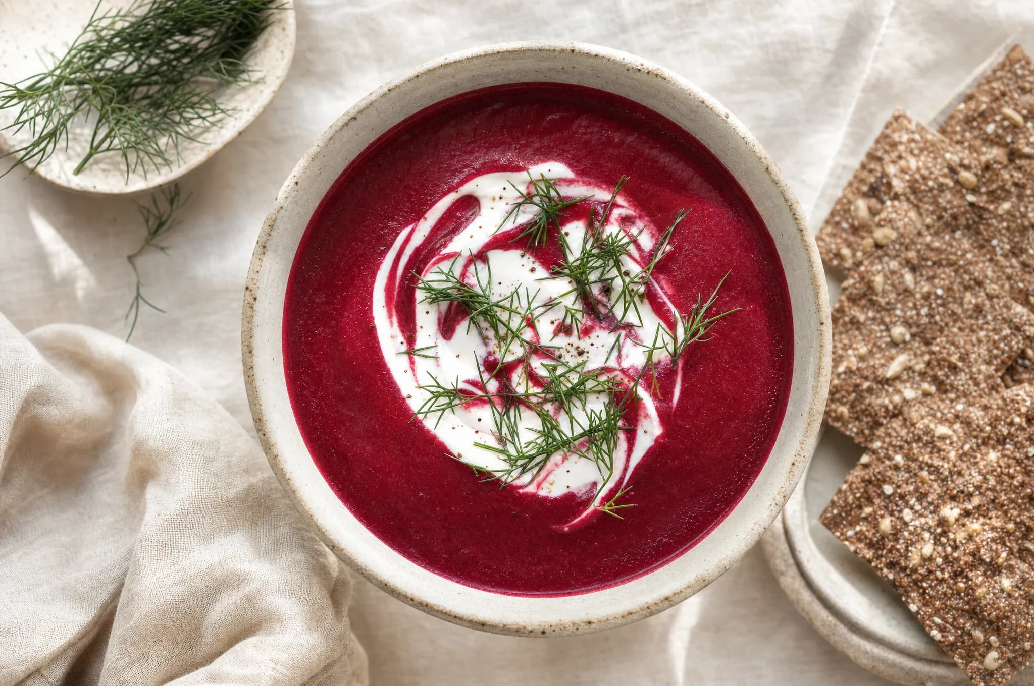 A bowl of smooth deep-magenta beetroot soup with a swirl of white skyr and fresh dill, a seeded rye crispbread resting alongside on a linen cloth