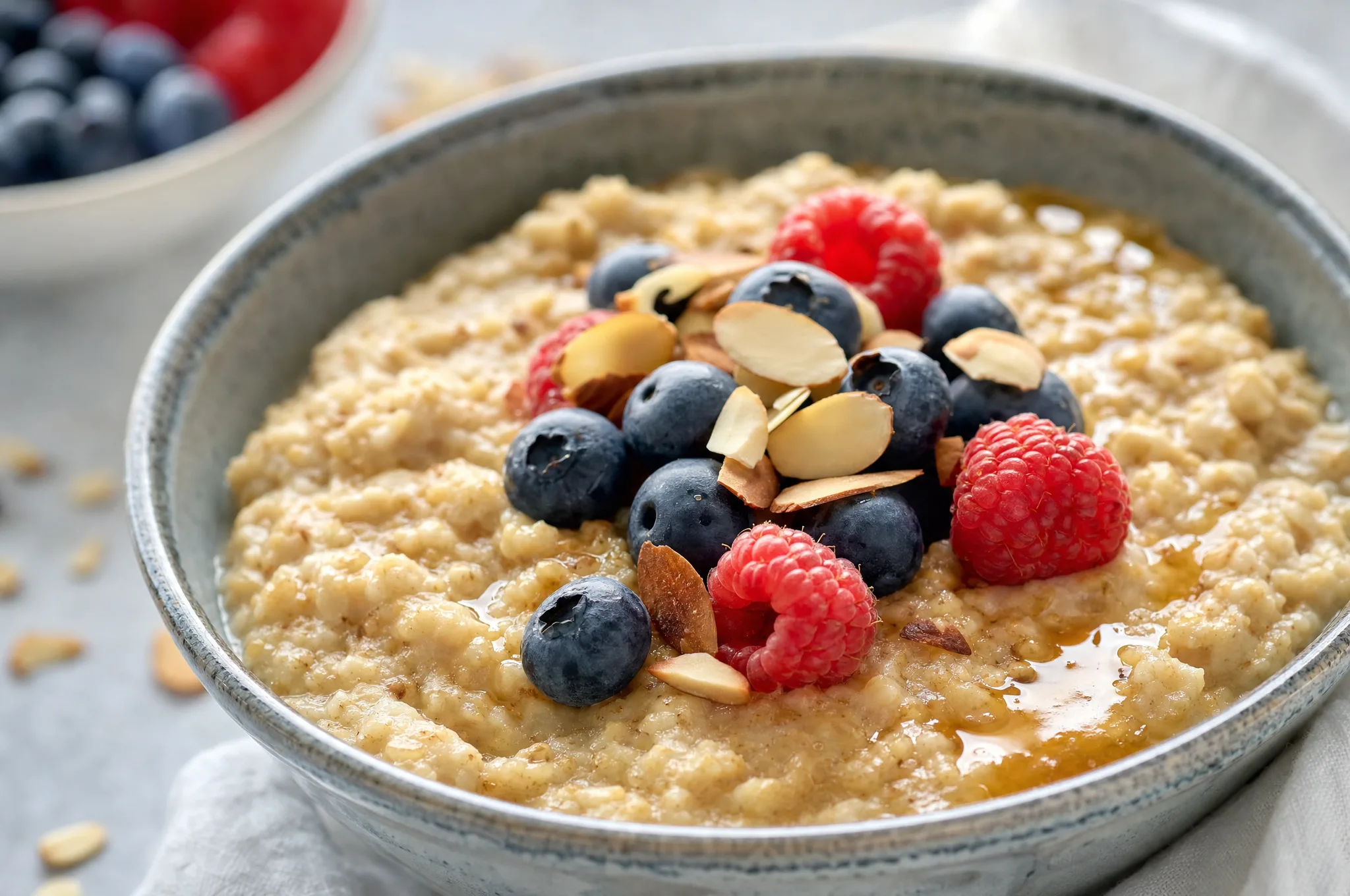 A bowl of creamy oat porridge topped with mixed berries, toasted sliced almonds, and a drizzle of honey