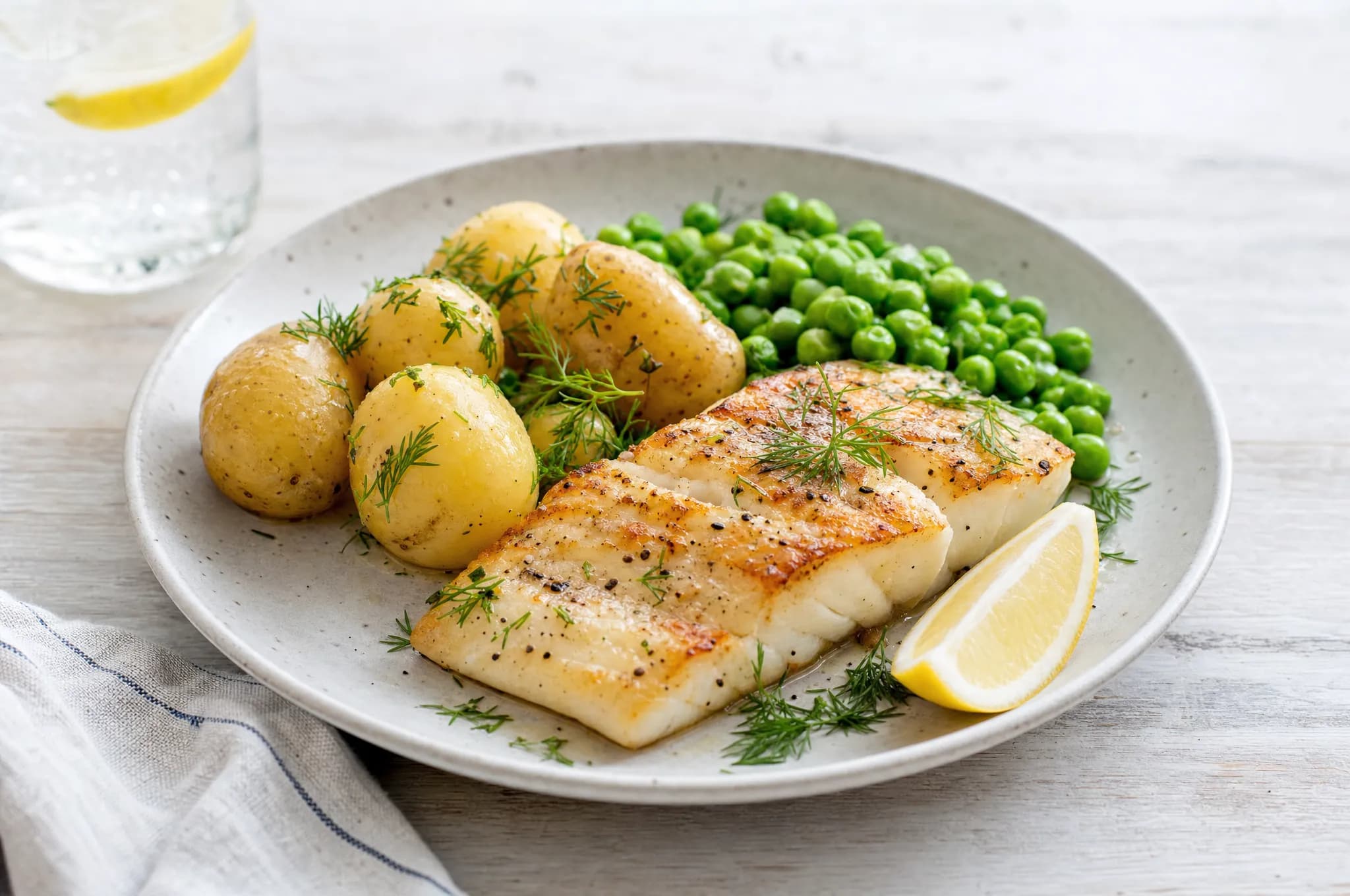 A plate of pan-roasted cod fillet with boiled new potatoes, green peas, fresh dill, and a lemon wedge