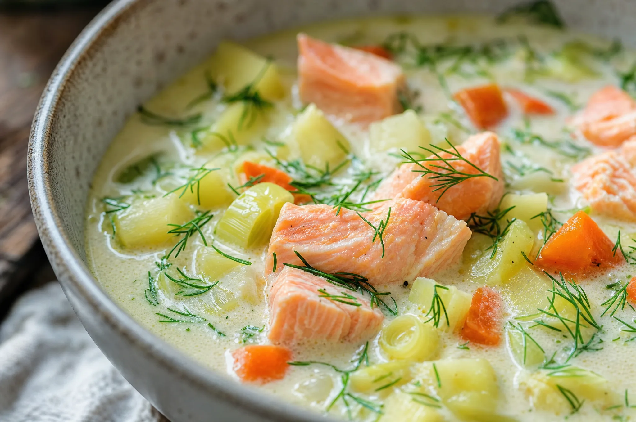 A bowl of Finnish lohikeitto — creamy salmon soup with potato chunks, carrot, leek, and fresh dill in a light broth