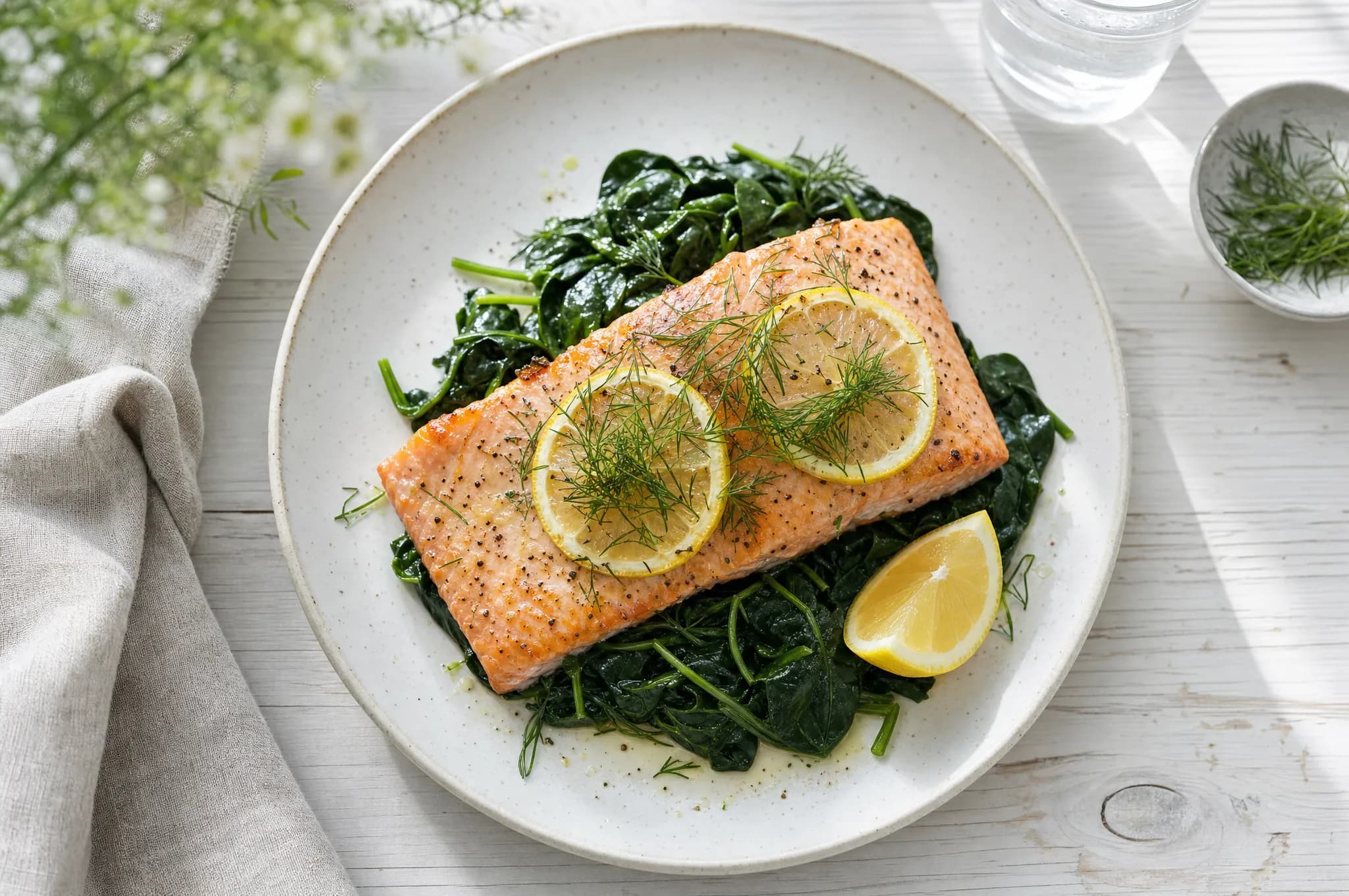 A baked salmon fillet topped with lemon slices and dill, resting on a bed of wilted spinach with a lemon wedge