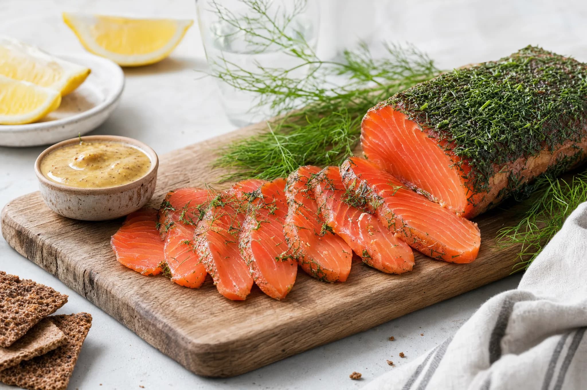 Thinly sliced gravlax cured salmon on a wooden board with fresh dill, lemon wedges, mustard sauce, and rye crispbread