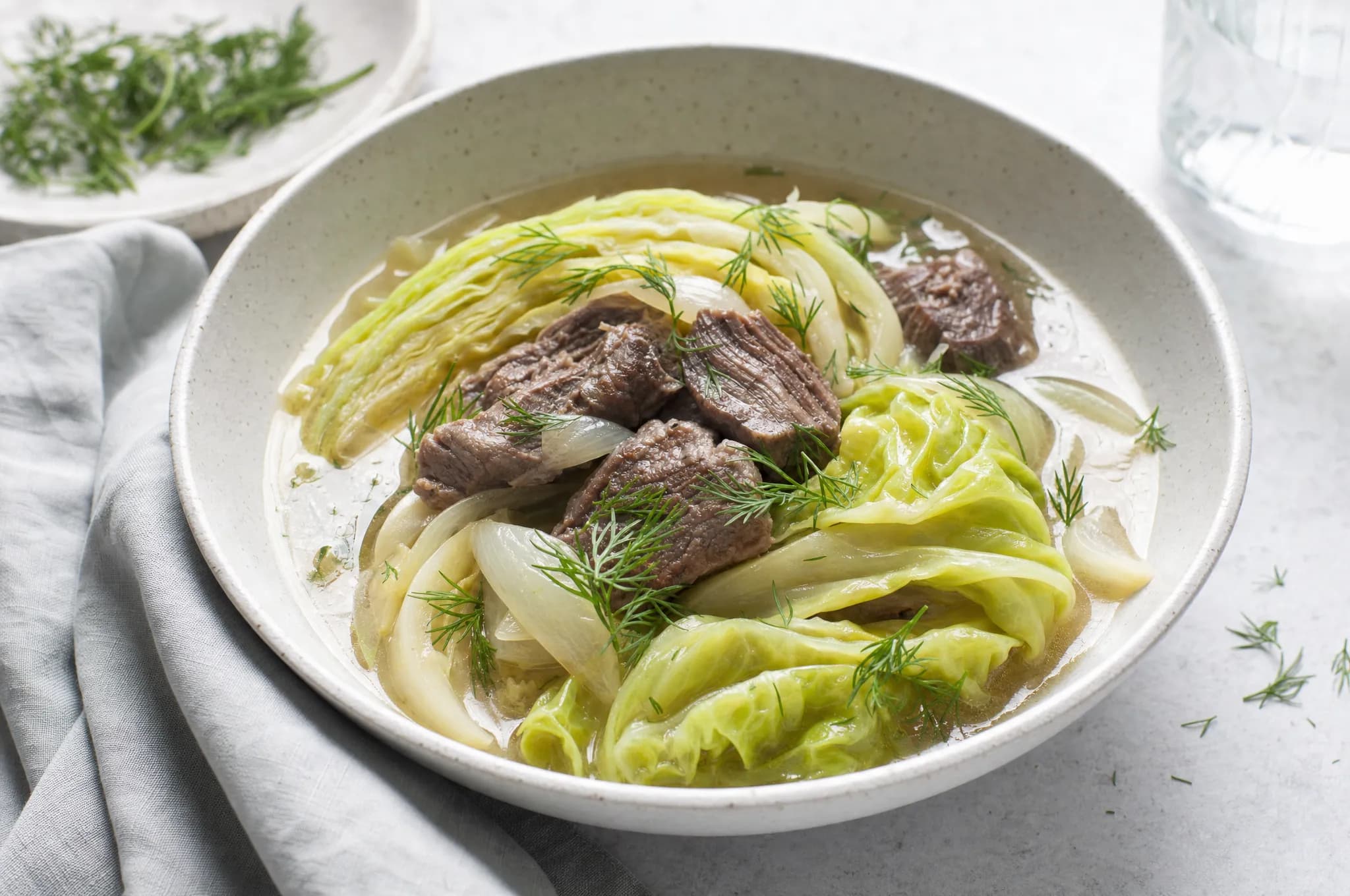 A pale stoneware bowl of Nordic beef and cabbage — tender beef with wedges of green cabbage and onion in a light broth with fresh dill