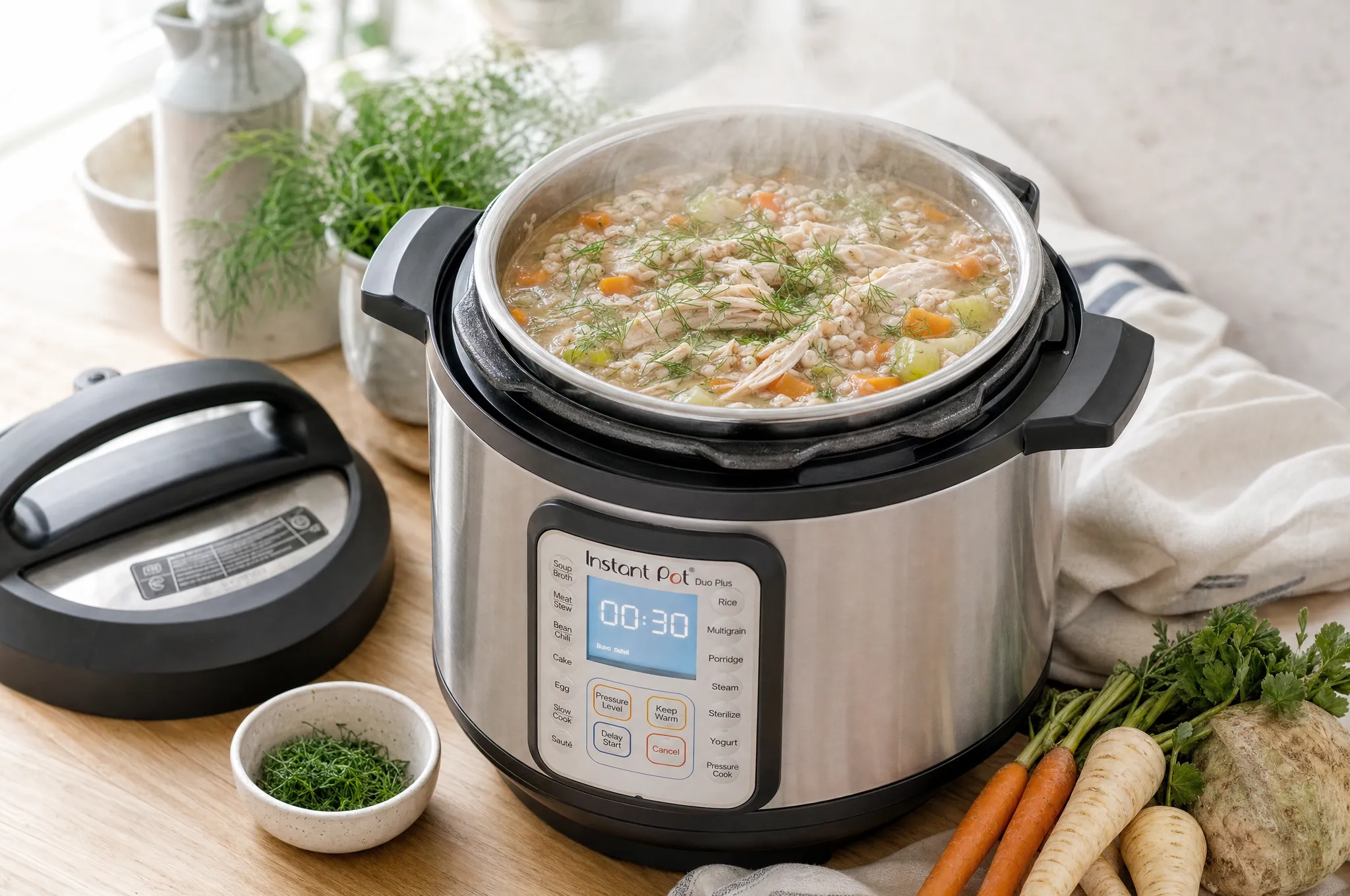 An electric pressure cooker on a light wood kitchen counter with steam rising over a Nordic chicken and barley soup, dill and root vegetables around it