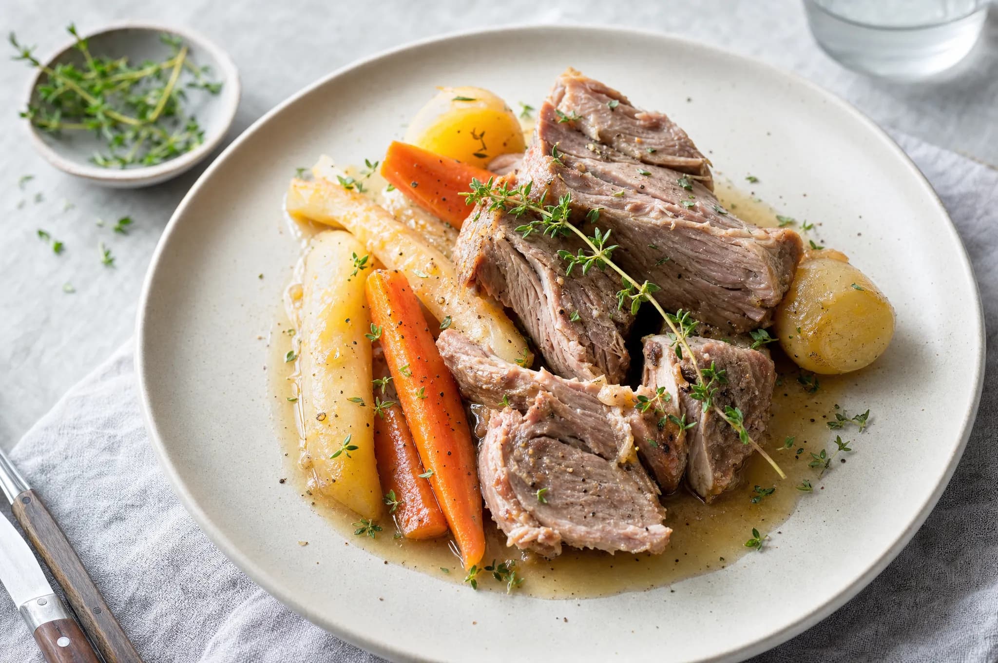 Tender braised Nordic pork with carrots, parsnips, and potatoes in light pan juices on a pale stoneware plate with fresh thyme