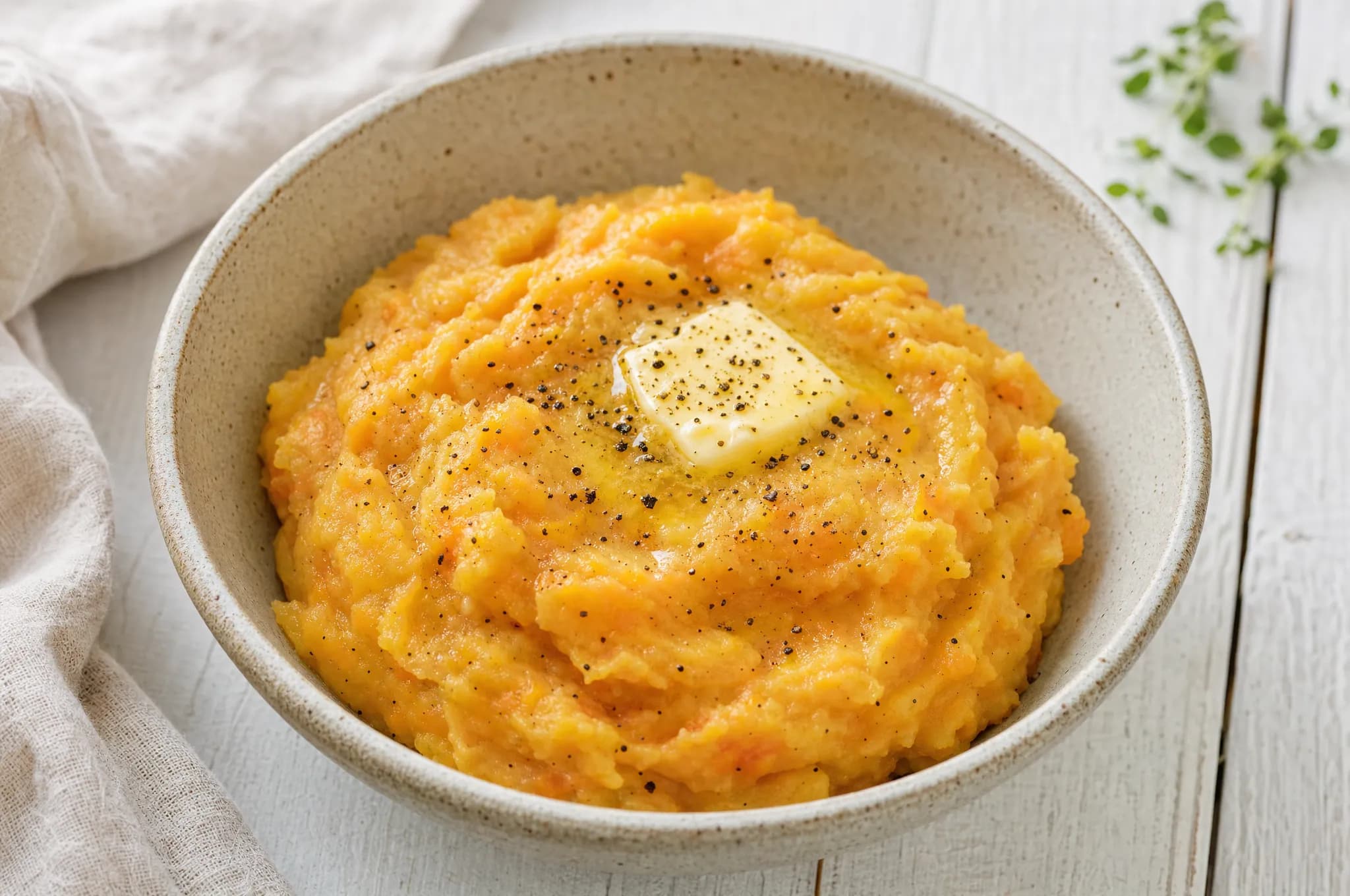 A pale stoneware bowl of Swedish mashed root vegetables (rotmos) — creamy orange swede and carrot mash with butter and black pepper