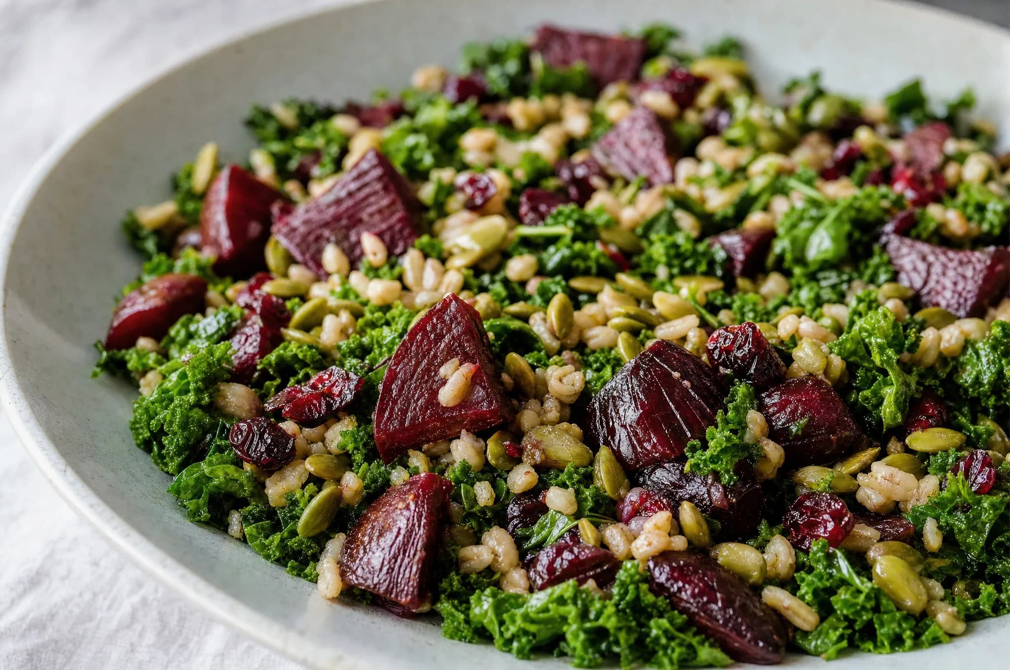 A bowl of pearl barley and kale salad with roasted beet cubes, toasted pumpkin seeds, and red lingonberries in a mustard dressing