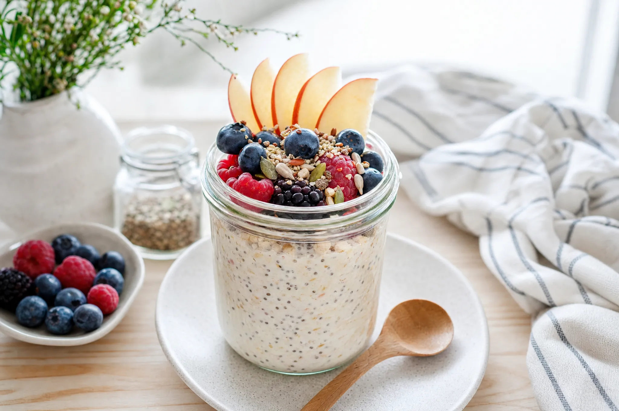 Overnight oats in a glass jar topped with mixed berries, sliced apple, and seeds