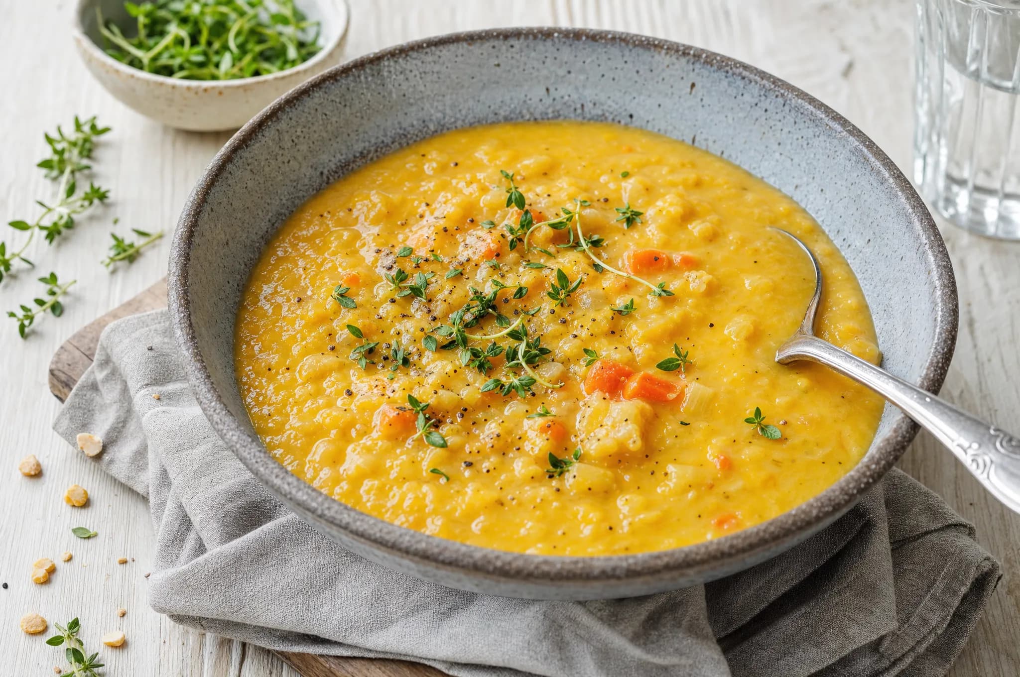 Thick golden Swedish yellow pea soup in a rustic stoneware bowl with carrot and onion, a spoon resting on the rim