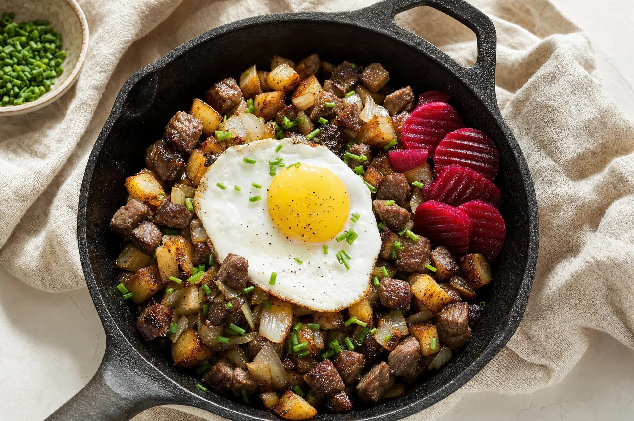A cast-iron skillet of Swedish pytt i panna with diced fried potatoes, beef, and onion topped with a fried egg, plus pickled beets and chives