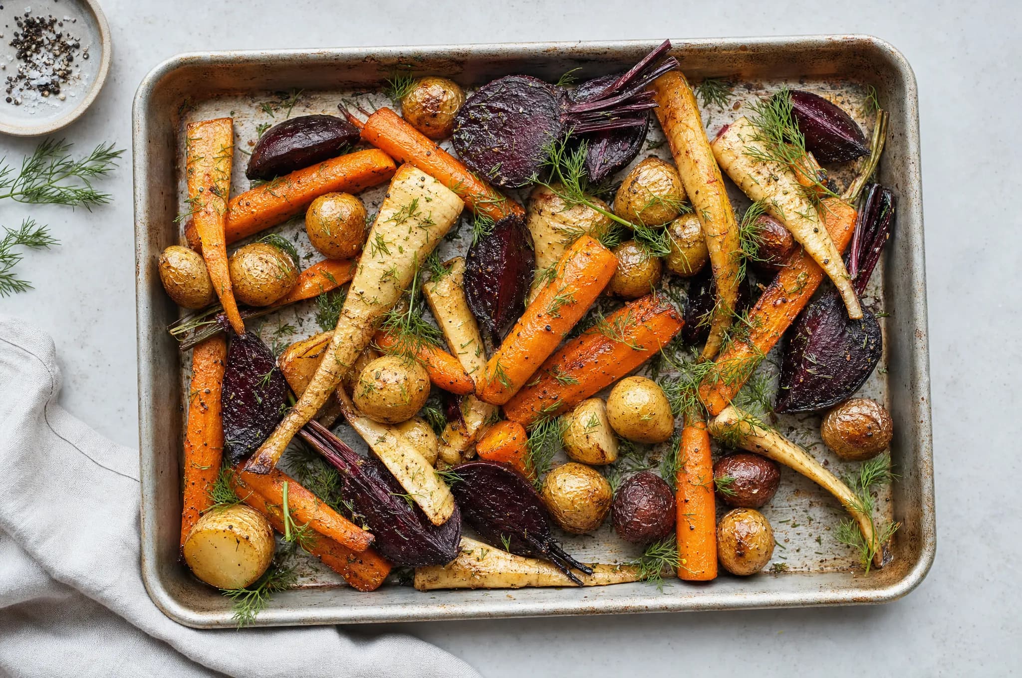 Roasted root vegetables — carrots, parsnips, beets, and baby potatoes — on a sheet pan with herbs and dill