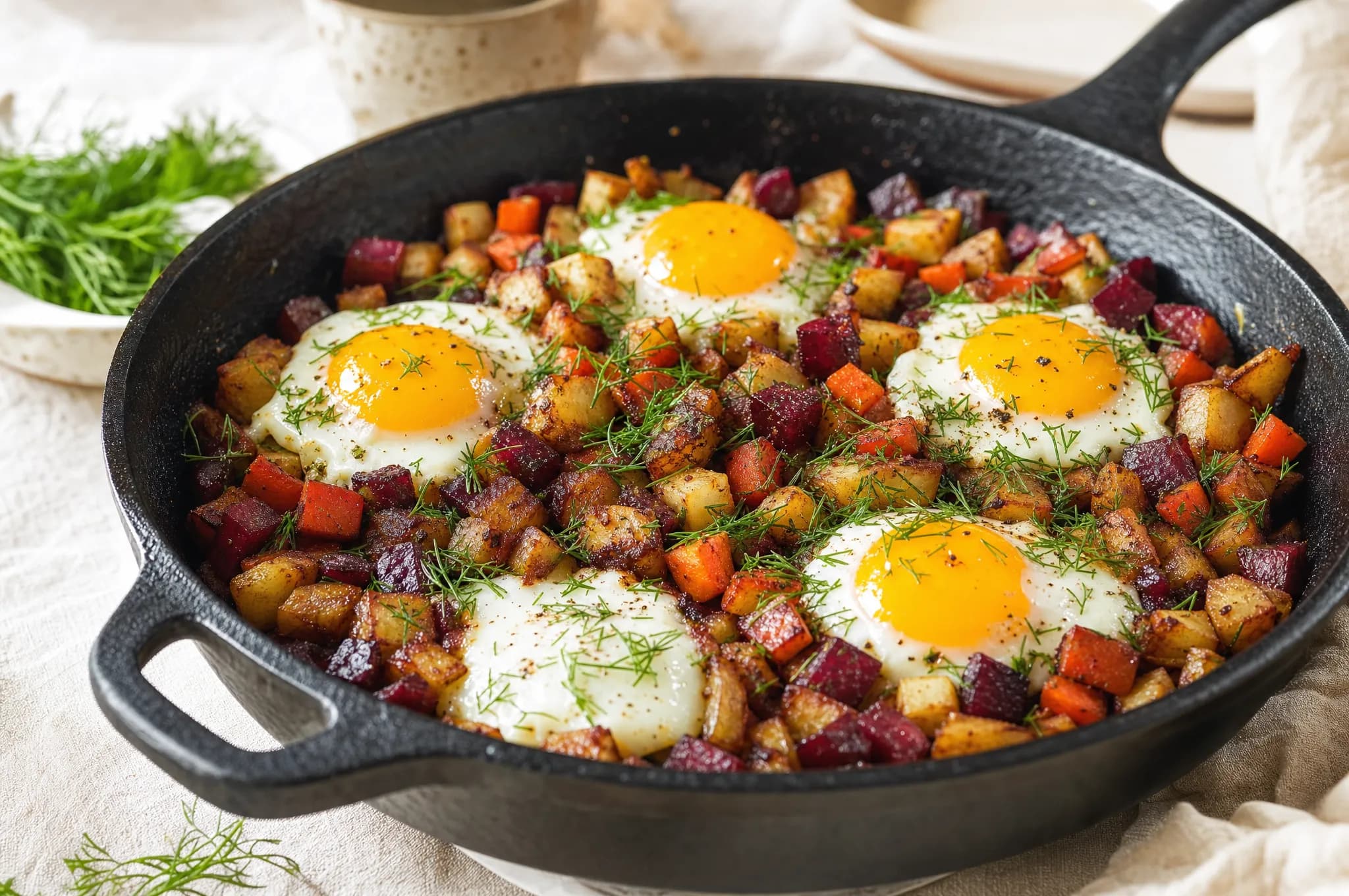 A cast iron skillet of root vegetable hash with diced potato, carrot, parsnip, and beet, topped with four fried eggs and fresh dill