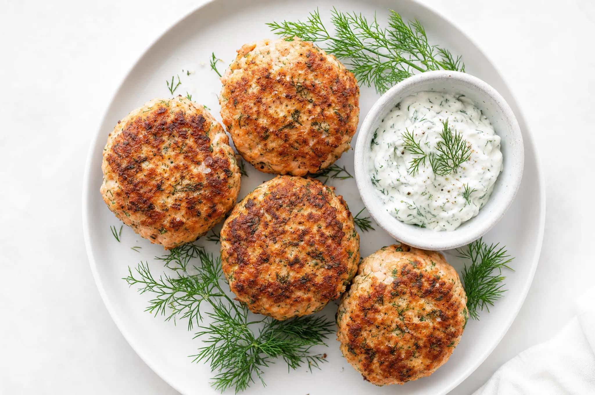 Four golden pan-fried salmon patties with dill yogurt sauce and fresh dill on a white plate