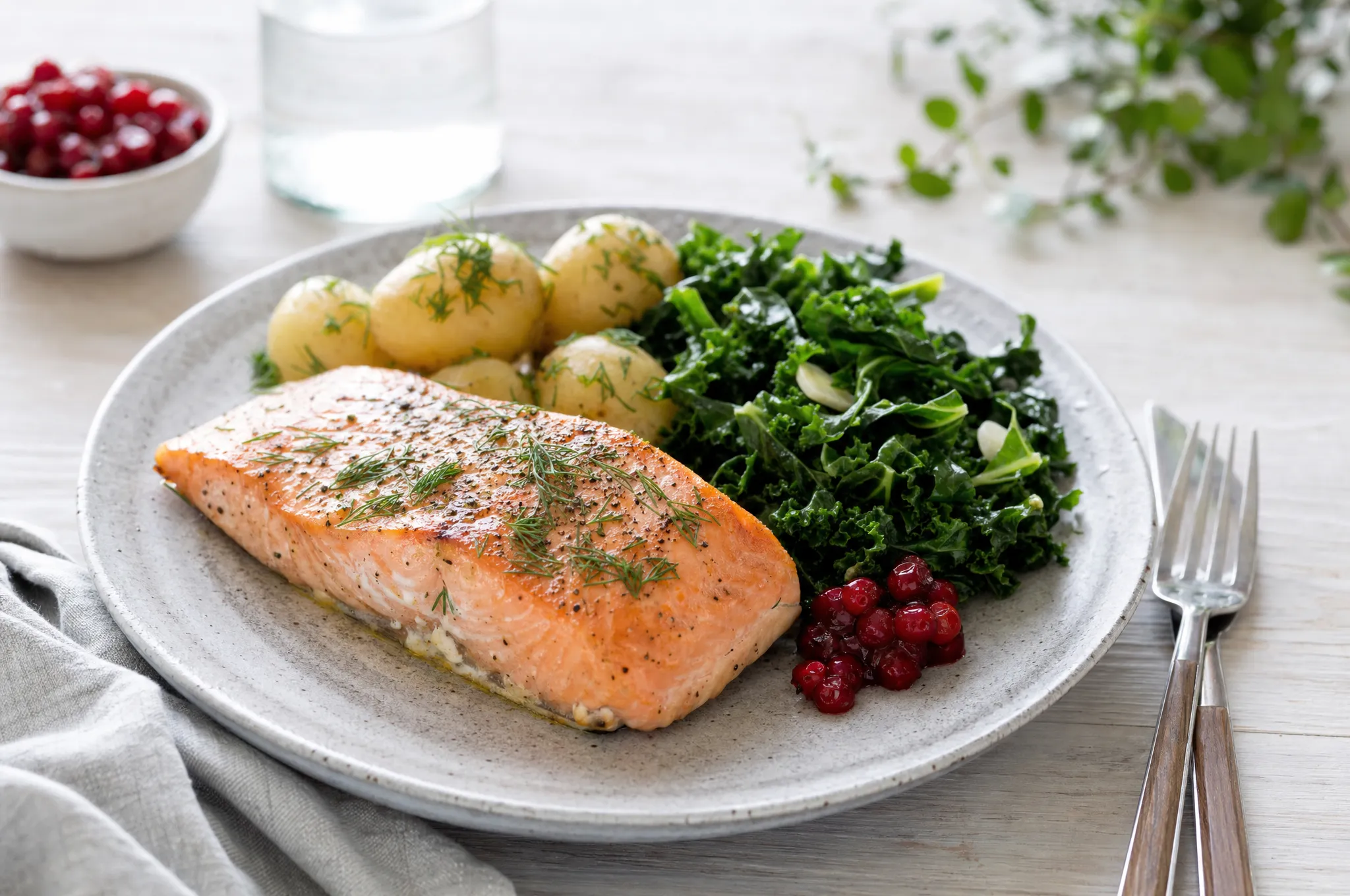 A Nordic plate of seared salmon with dill, boiled new potatoes, sautéed kale, and lingonberries