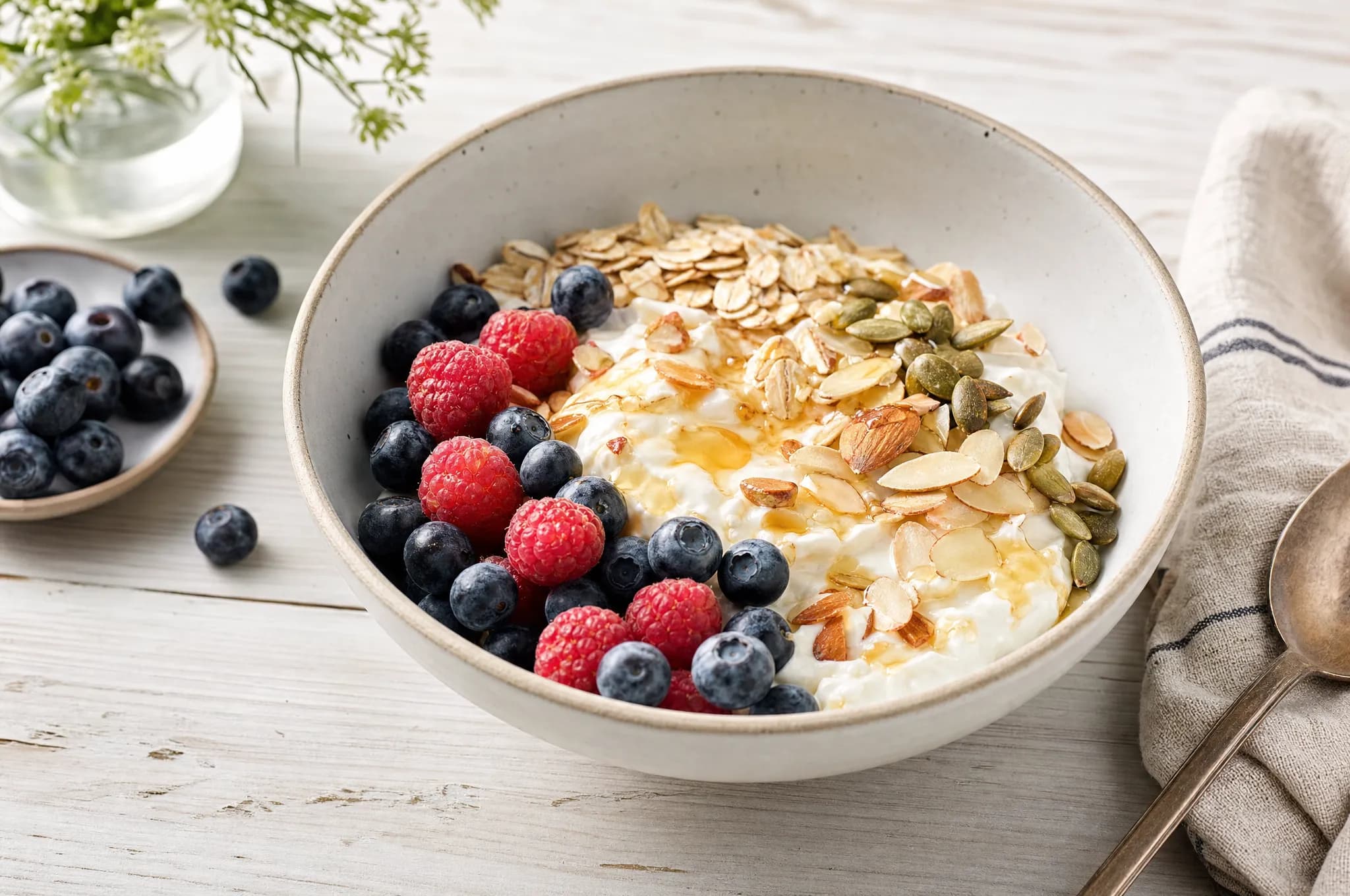 A bowl of thick skyr yogurt topped with mixed berries, rolled oats, toasted almonds, and pumpkin seeds with a drizzle of honey