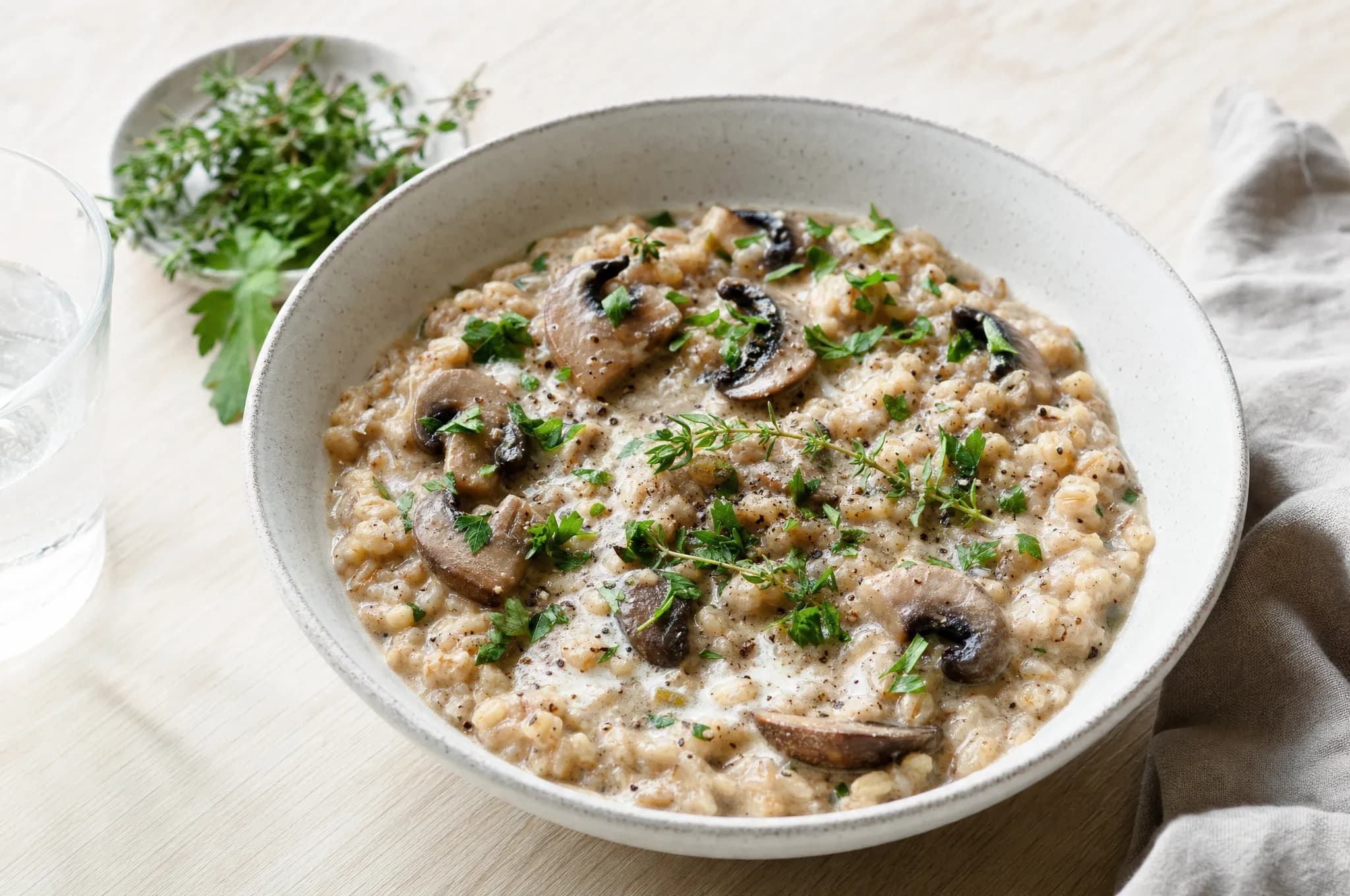 A pale stoneware bowl of creamy Nordic barley and mushroom stew with thyme and fresh parsley