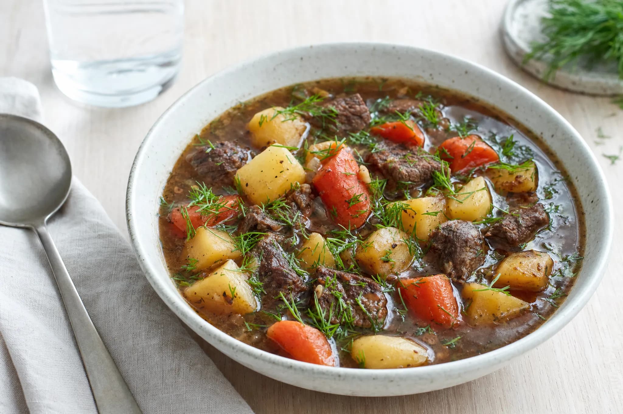 A pale stoneware bowl of hearty Nordic beef and root vegetable stew with carrots, potatoes, and fresh dill