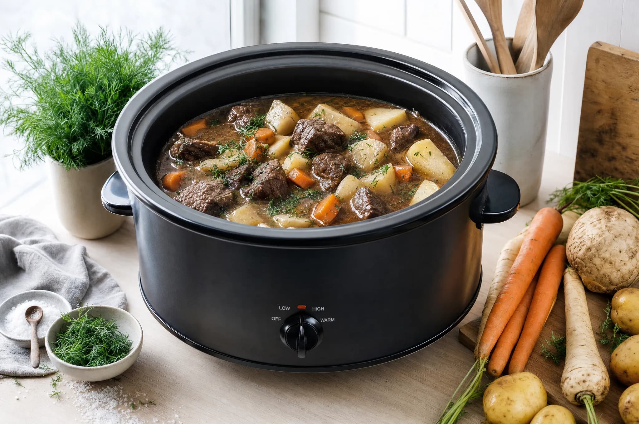 A slow cooker on a light wood kitchen counter filled with a hearty Nordic beef and root vegetable stew, with dill and root vegetables arranged around it