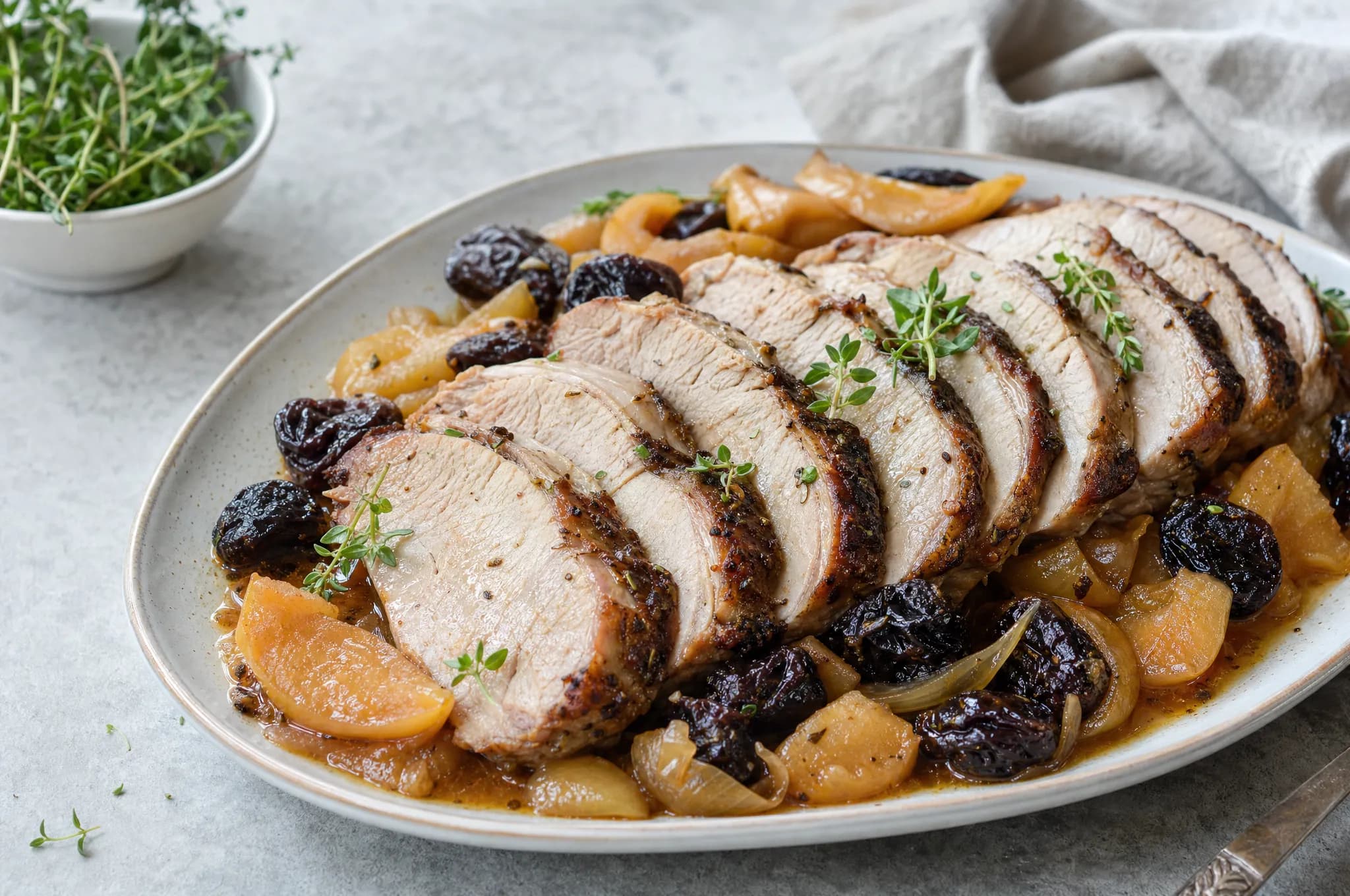 Sliced slow-cooked Nordic pork roast with apples, onions, and prunes in pan juices on a platter with fresh thyme