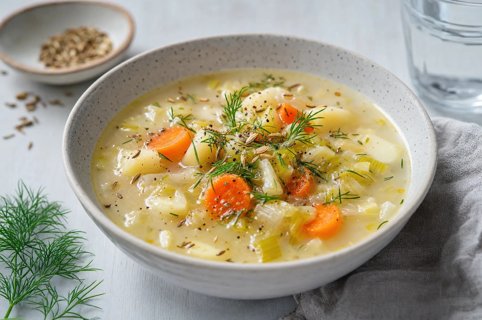A pale stoneware bowl of rustic Nordic root vegetable soup with carrots, parsnips, and leeks topped with dill and seeds