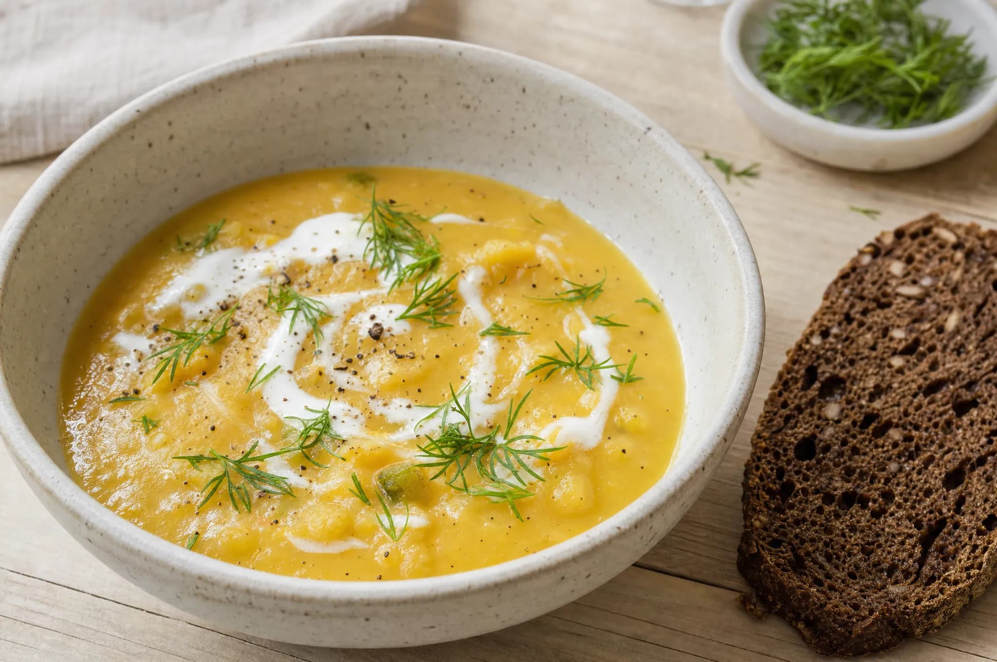 A bowl of Nordic yellow pea soup with dill and rye bread on the side, on a light wood table