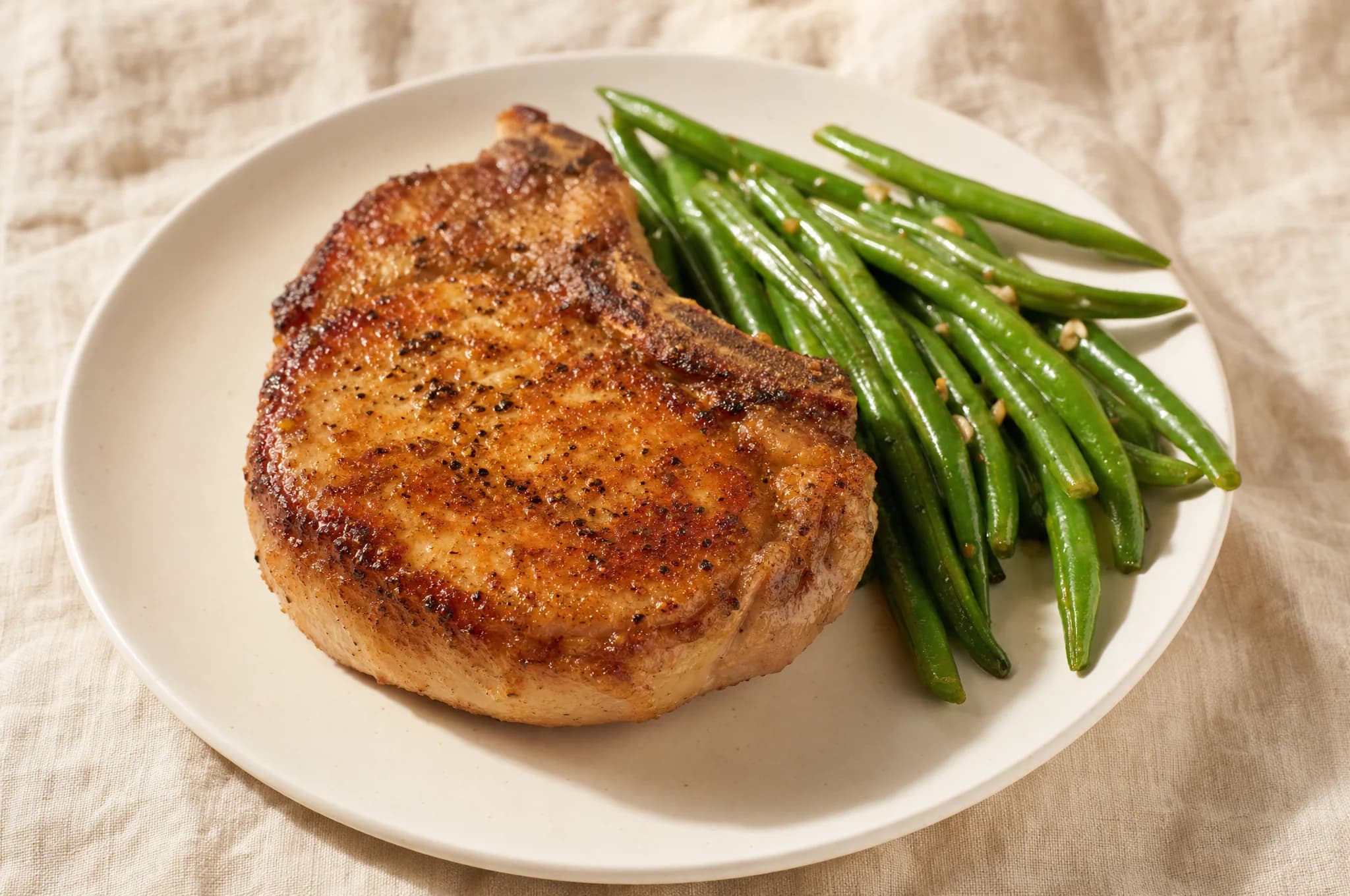 A golden-brown pan-seared pork chop on a white plate with green beans alongside
