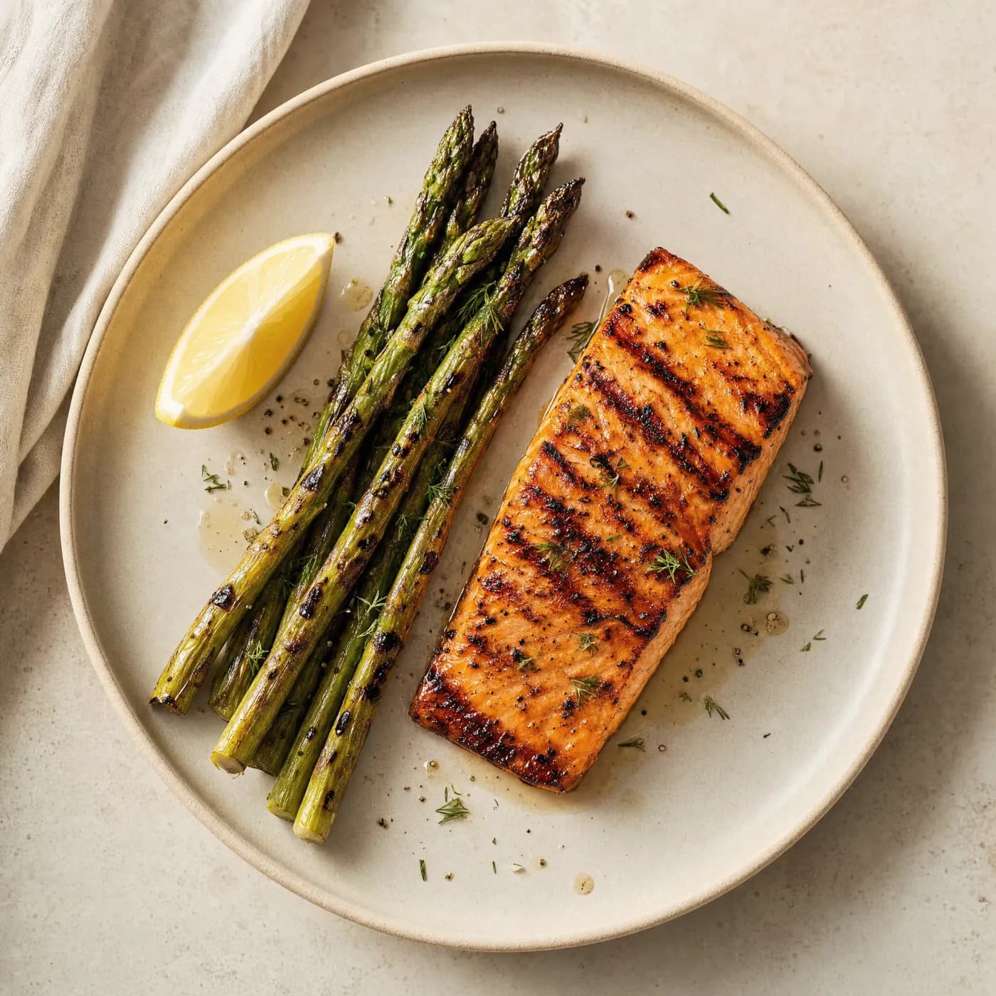 A plate of grilled salmon with charred asparagus and a lemon wedge