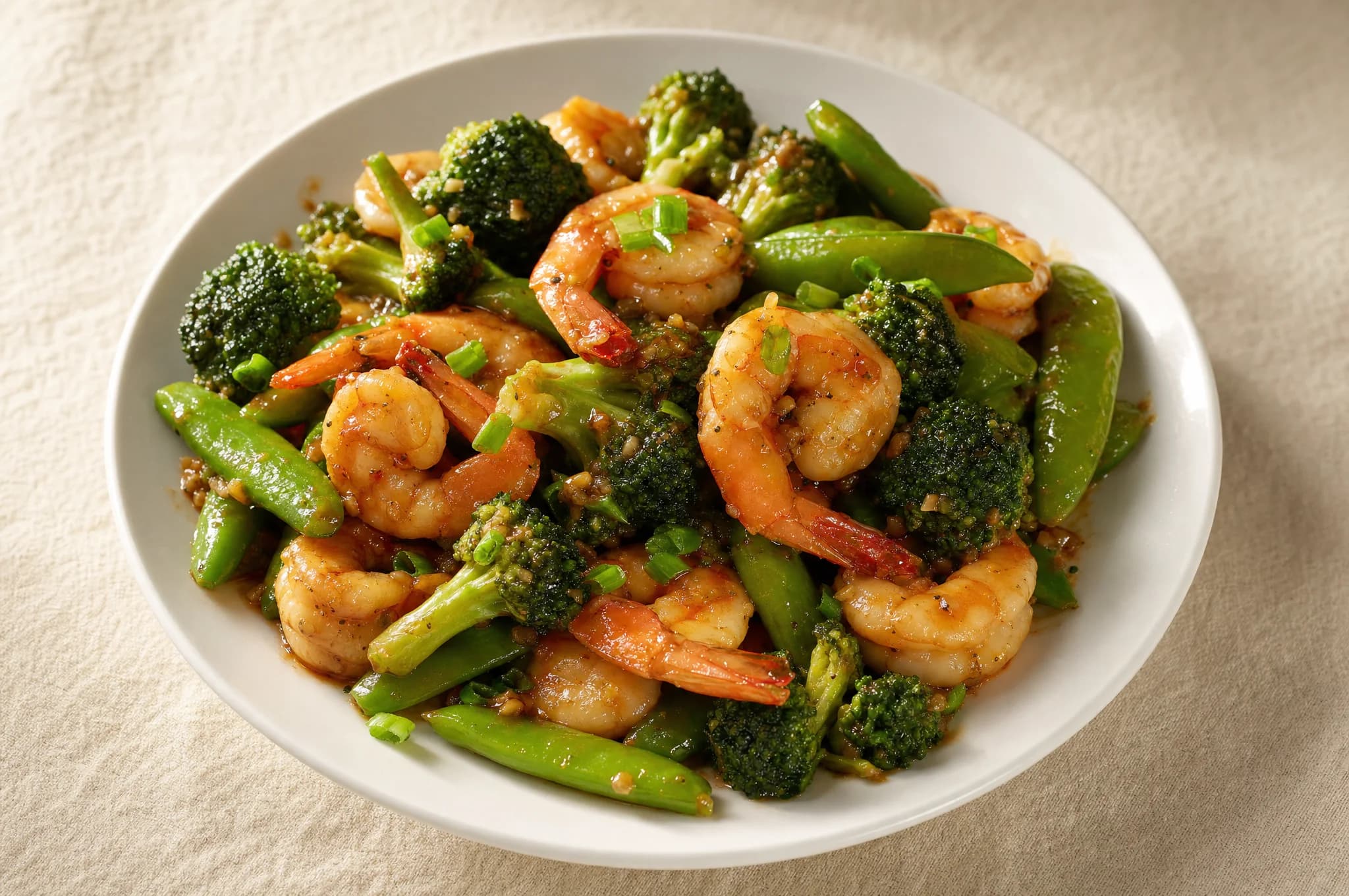 A keto shrimp stir-fry with broccoli and snap peas in a white ceramic bowl, glossy sauce