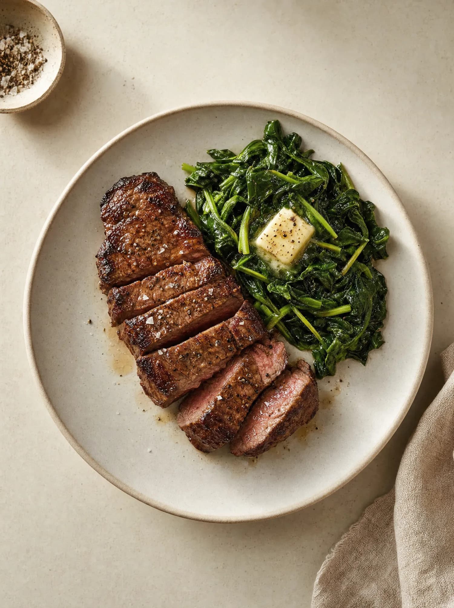 A plate of sliced seared steak over wilted greens