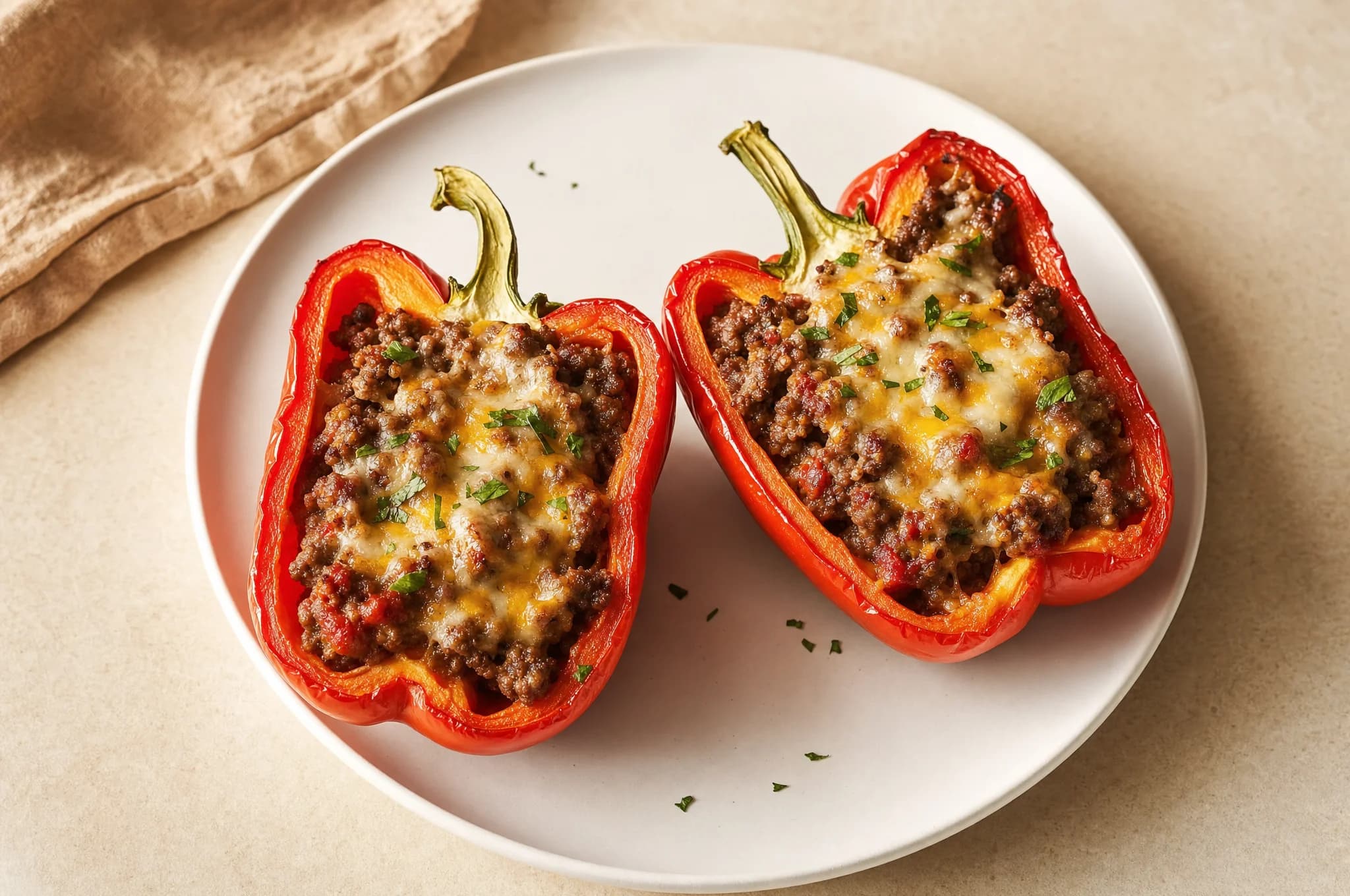 Two keto stuffed bell pepper halves on a white plate, filled with seasoned ground beef and melted cheese