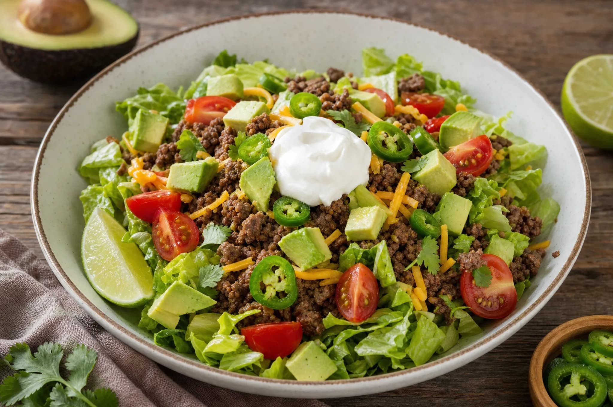 Keto taco salad with seasoned ground beef over chopped romaine, topped with shredded cheddar, diced avocado, halved cherry tomatoes, sour cream, and sliced jalapeño, no taco shell