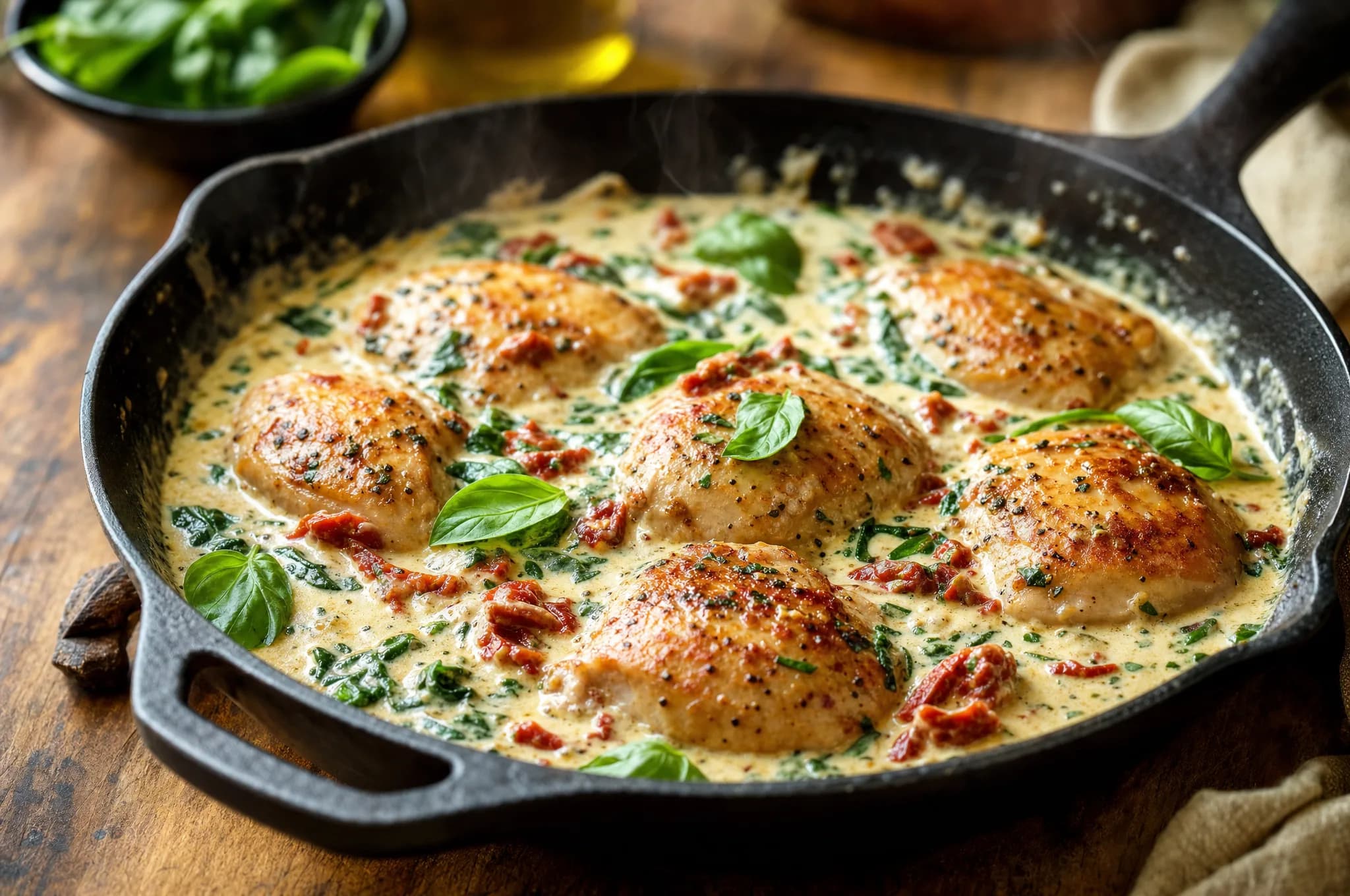 Golden-seared keto creamy Tuscan chicken thighs in garlic-Parmesan cream sauce with spinach and sun-dried tomatoes in a cast-iron skillet