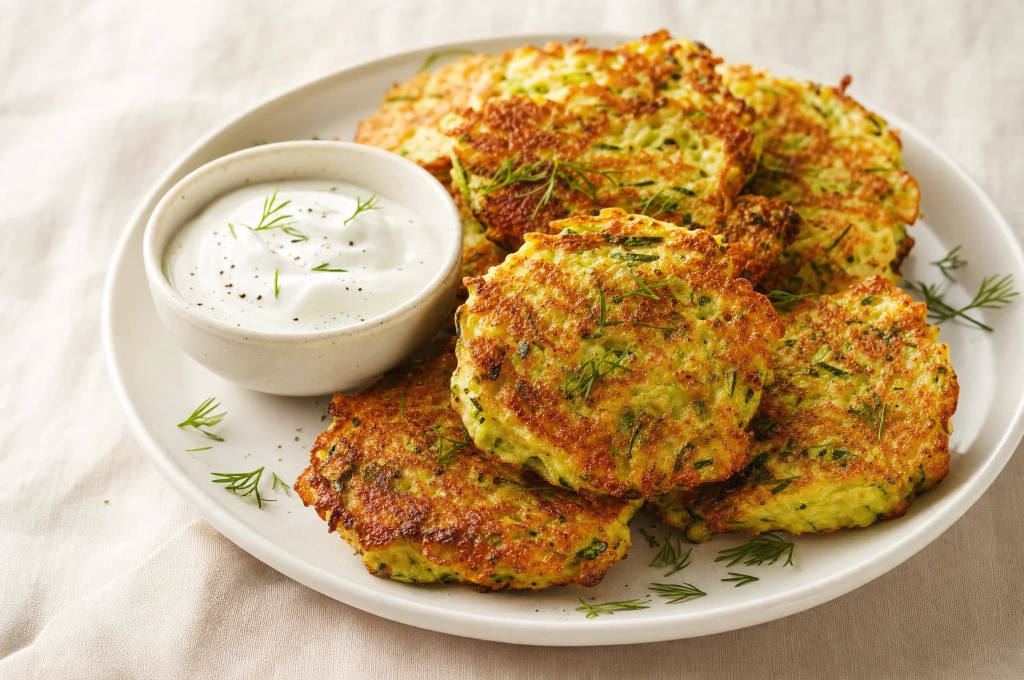 Golden-brown zucchini fritters on a white plate with a small bowl of sour cream