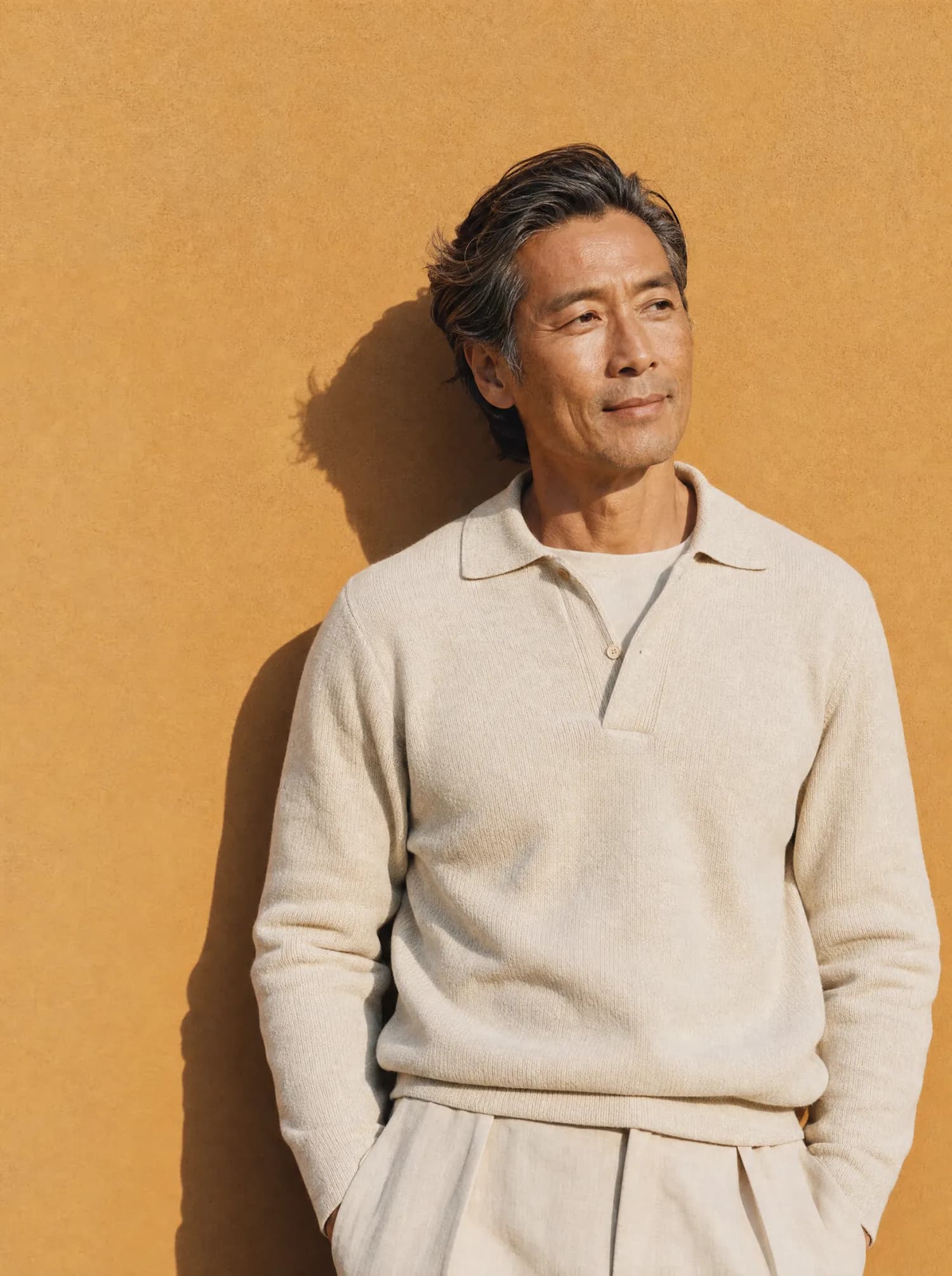 A man in his early 50s in a quiet, reflective moment against a warm ochre wall.