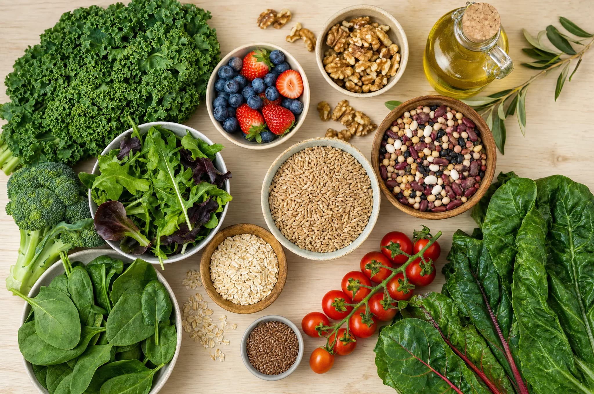 An overhead spread of MIND diet whole foods — leafy greens, mixed berries, walnuts, whole grains, beans, tomatoes, and olive oil