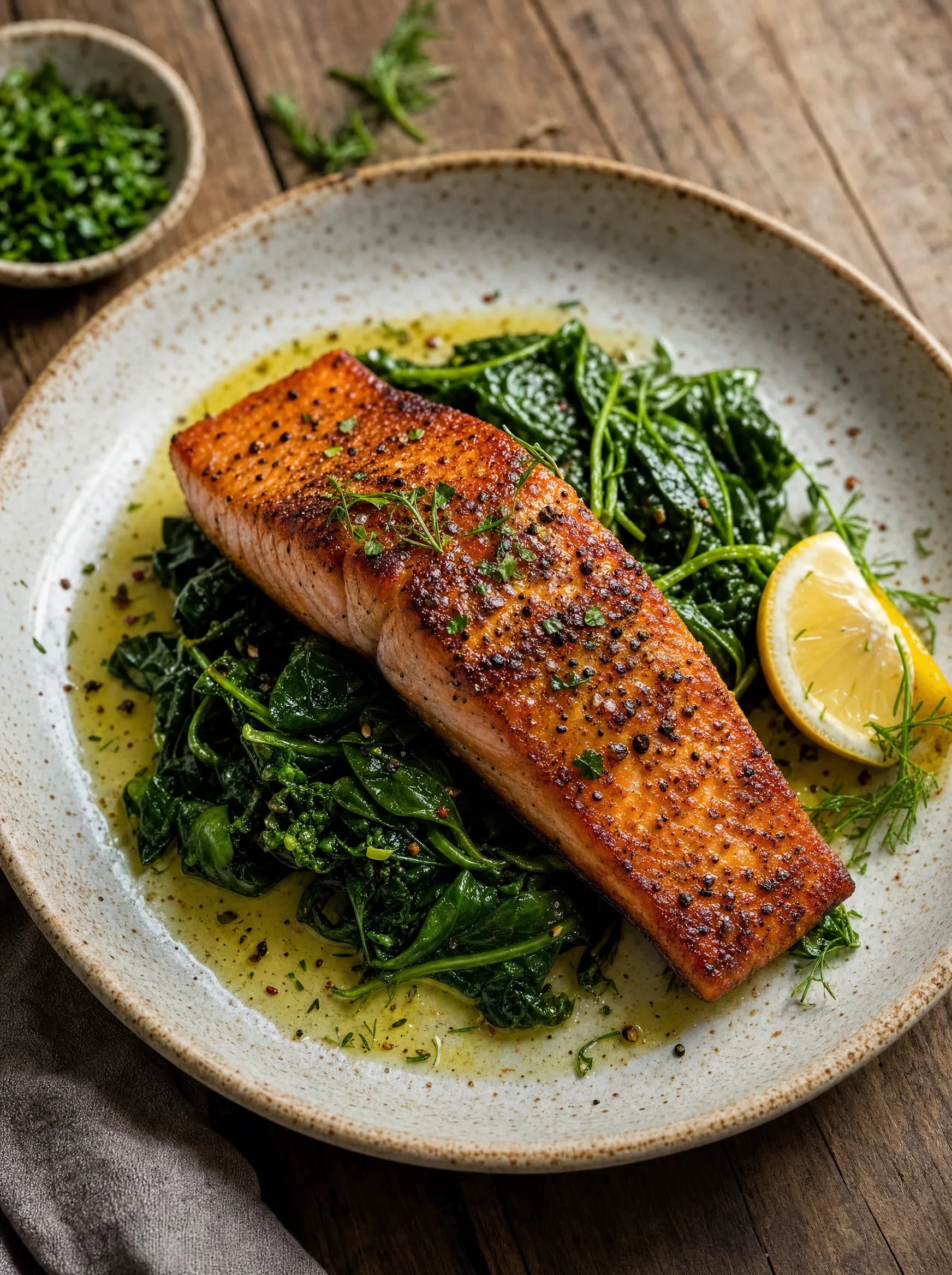 Pan-seared salmon over baby spinach and kale with olive oil and lemon