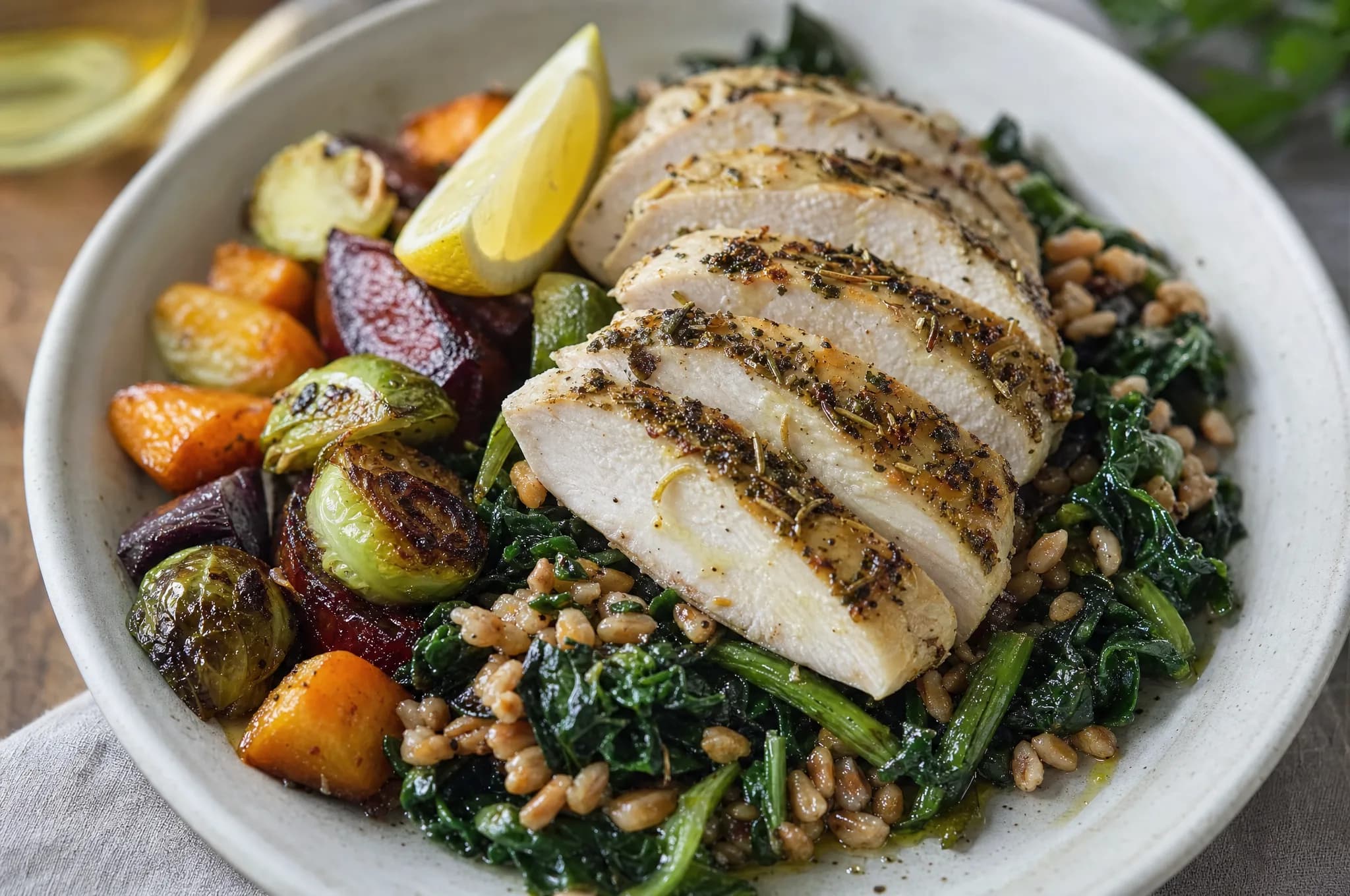 A MIND diet dinner plate of sliced herb-roasted chicken over sautéed leafy greens with farro, roasted vegetables, and olive oil