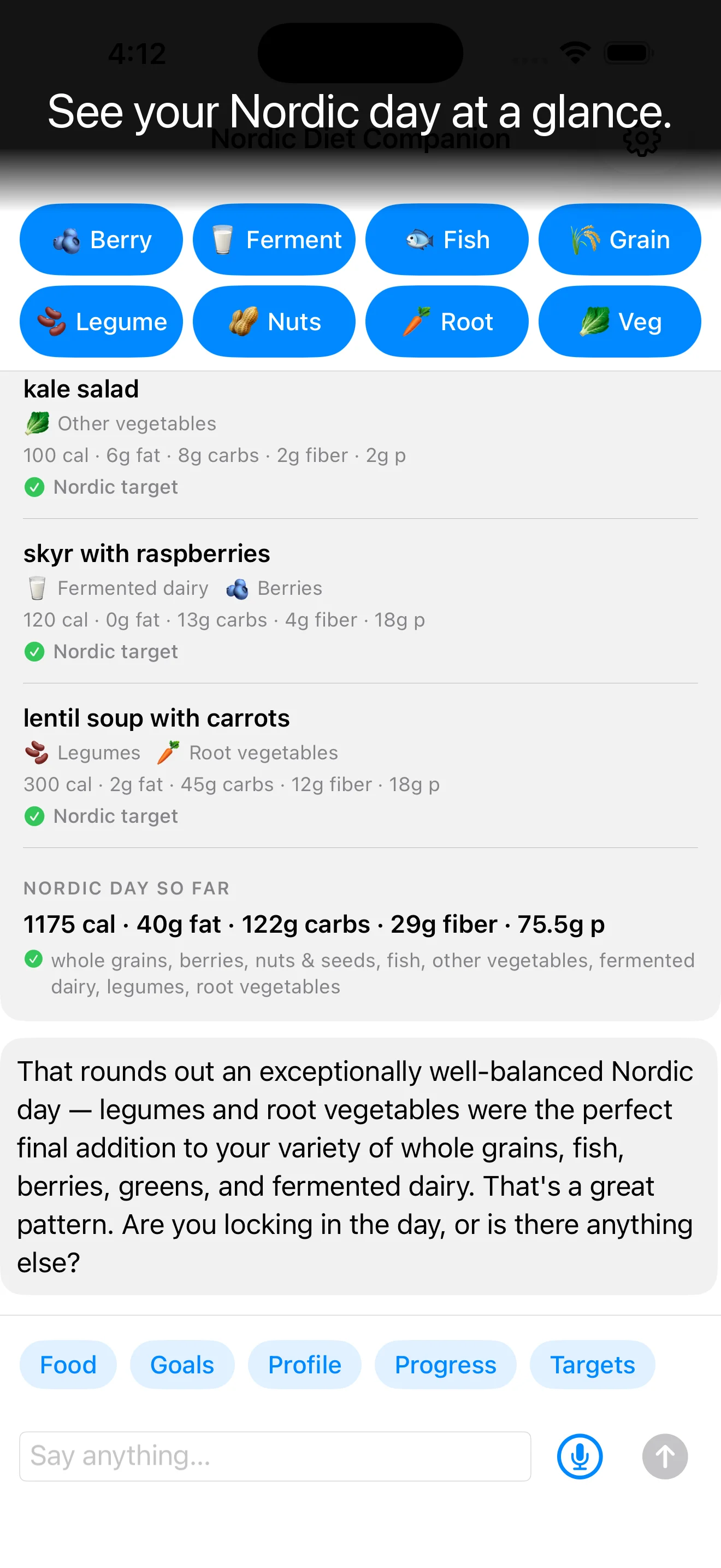 The Nordic Diet Companion food log showing a day's meals sorted by category with a running pattern summary