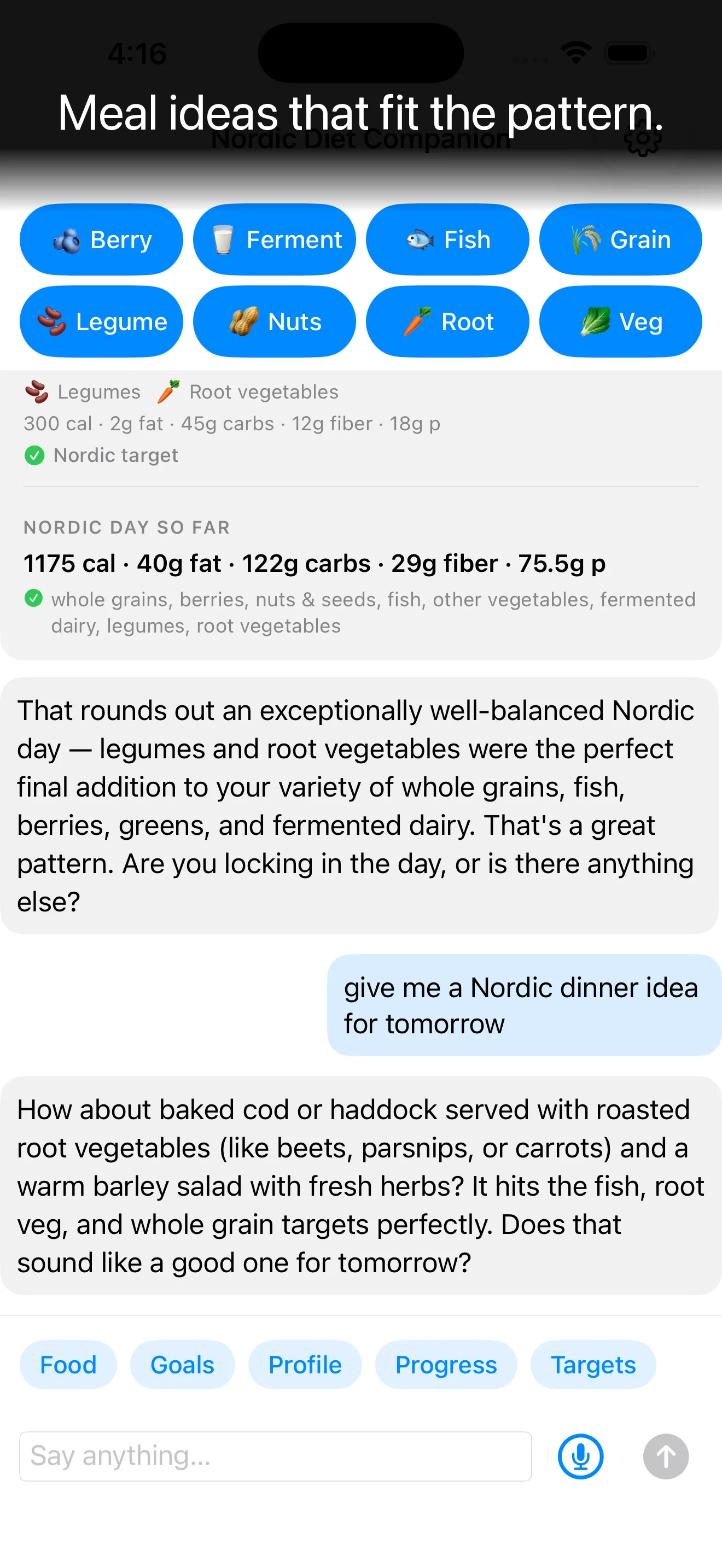 The app suggesting a Nordic dinner idea in conversation to round out the day's pattern