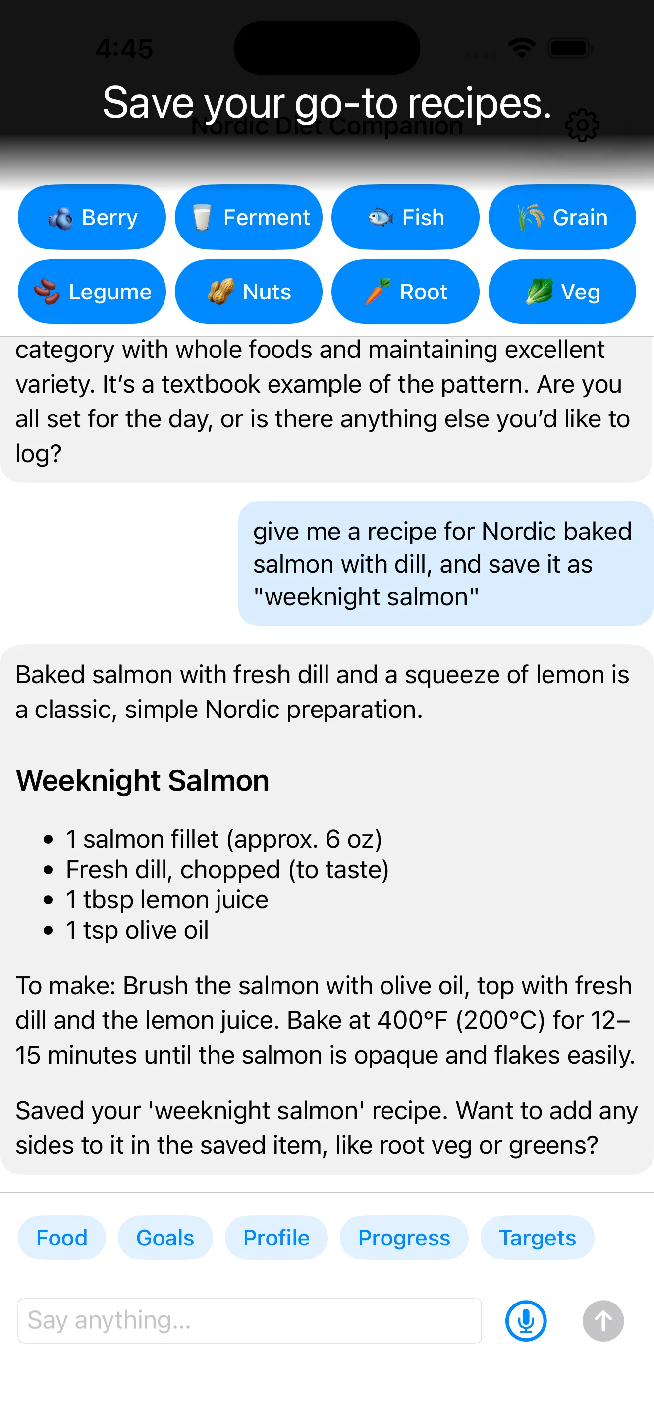 The app saving a Nordic baked-salmon recipe as a reusable go-to meal