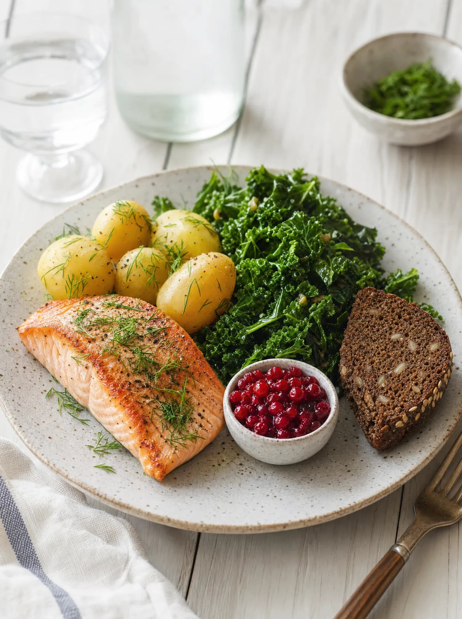 Seared salmon with dill, new potatoes, sautéed kale, dark rye, and lingonberries