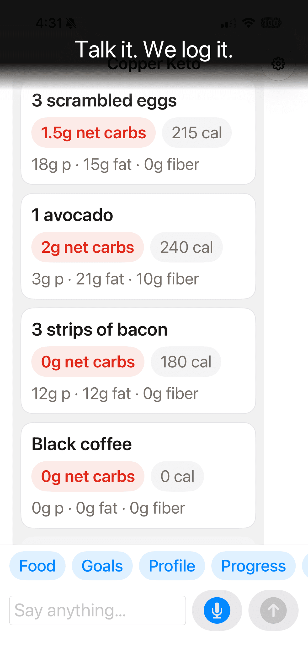 Copper Keto food log on iPhone — meals logged by voice with net carbs and calories.