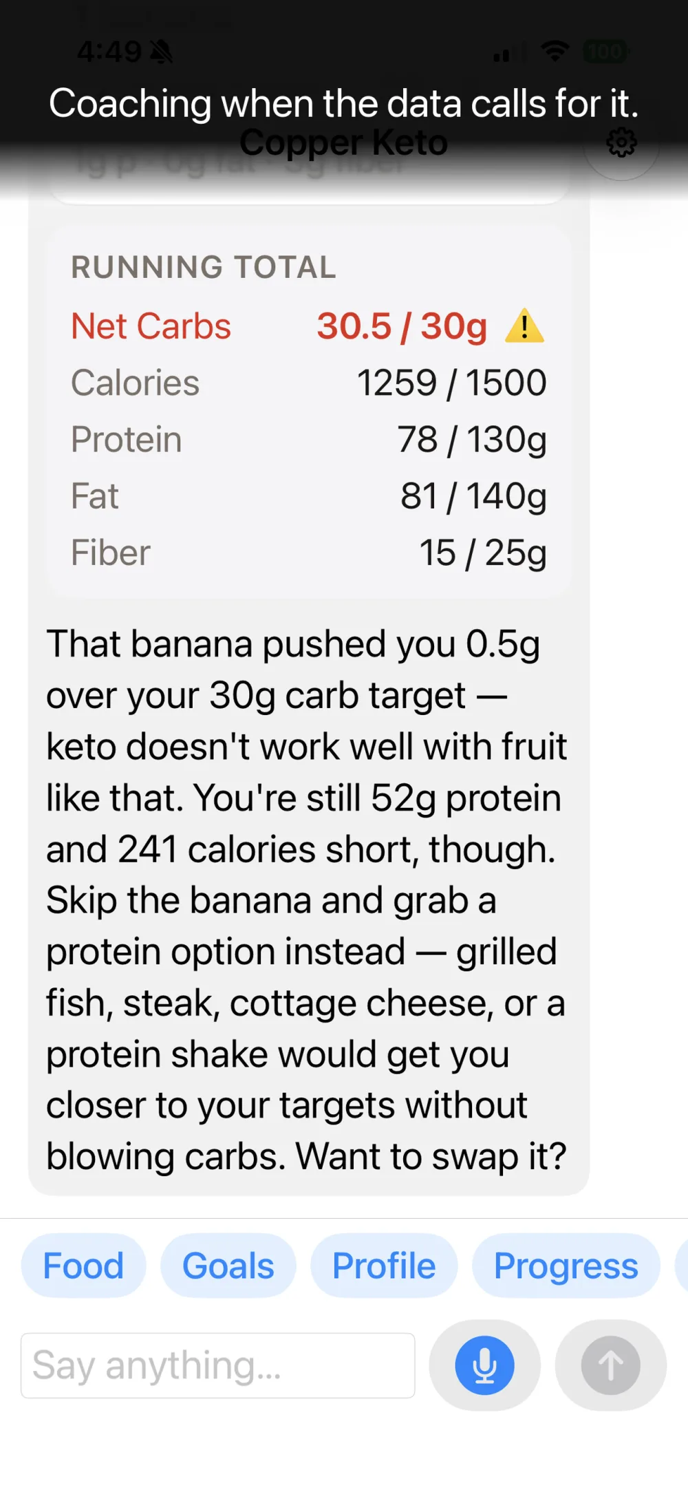 The app coaching the user to swap a food that pushed them over their carb target