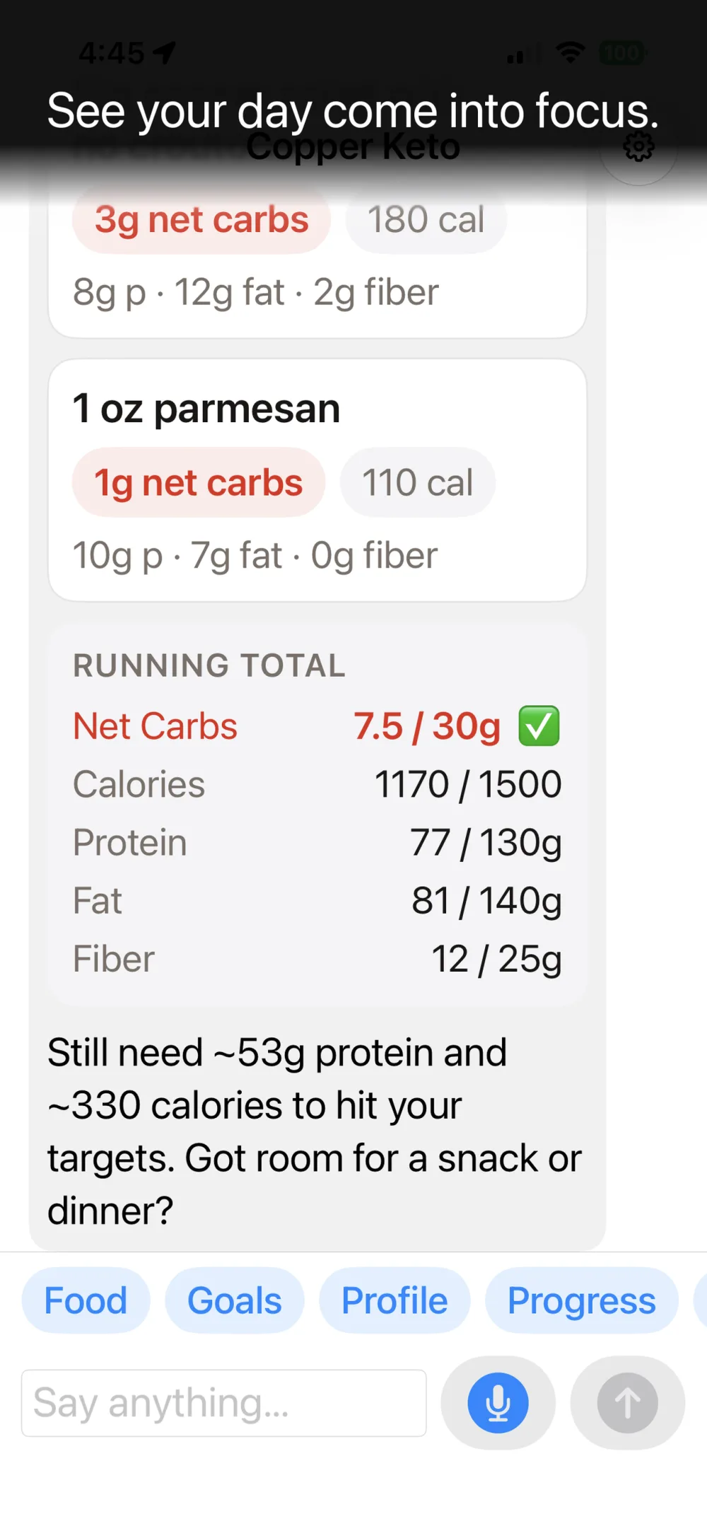 The app's running-total scorecard with a check mark against daily targets