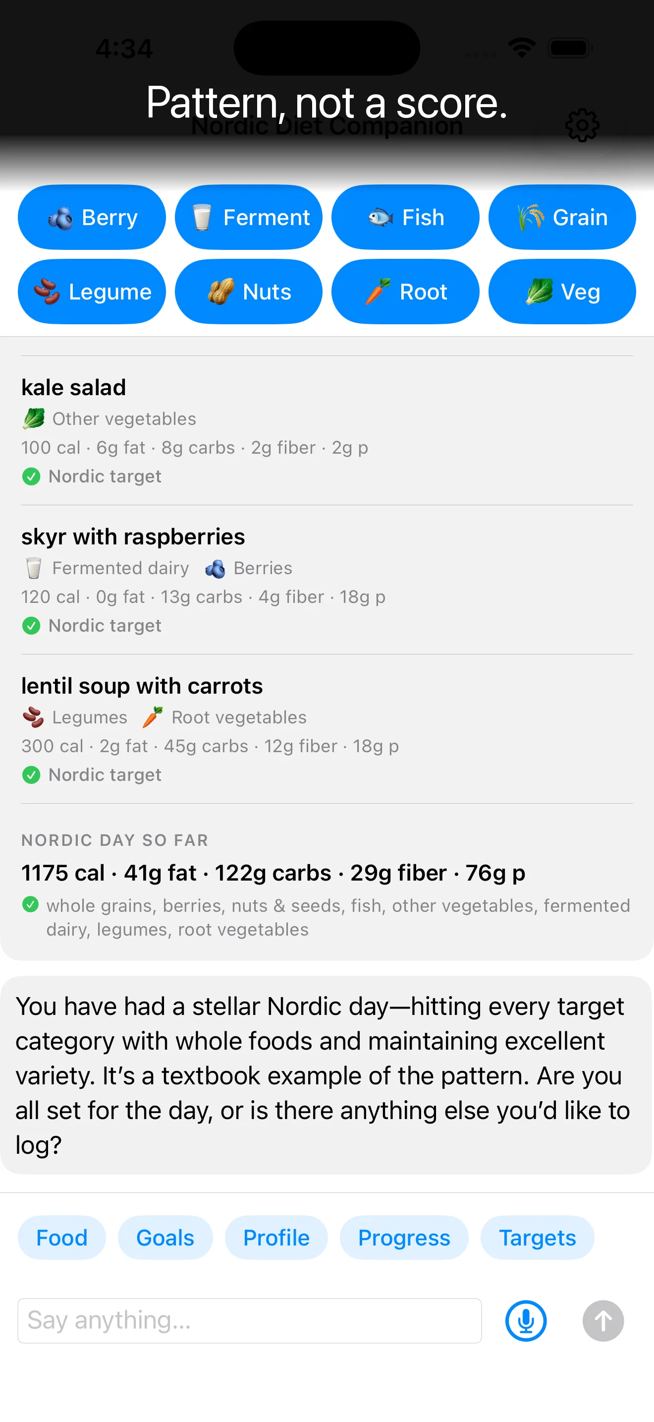 Pattern, not a score — the app coaches on variety and pattern, not a daily number
