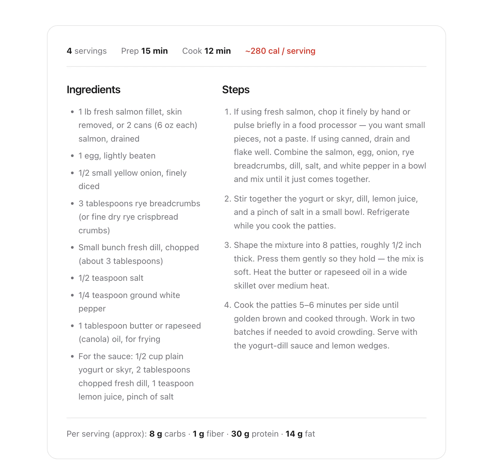 Nordic salmon patties as a standard recipe card: an ingredients list on the left, numbered steps on the right, and per-serving macros along the bottom.